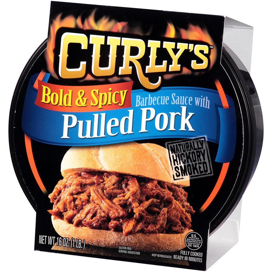 slide 2 of 3, Curly's Bold & Spicy Barbecue Sauce with Pulled Pork 16 oz, 16 oz