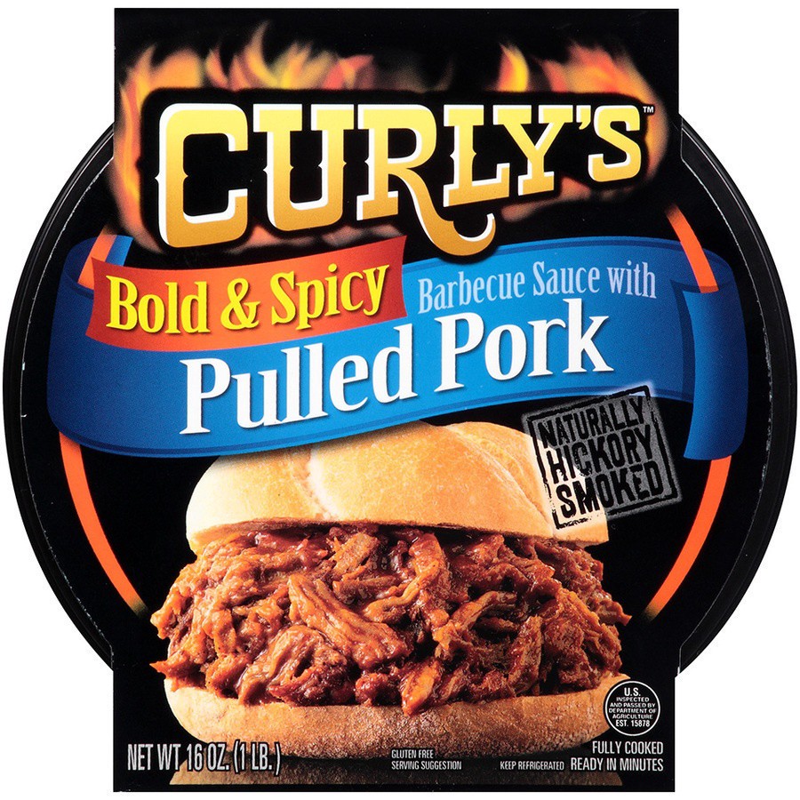 slide 1 of 3, Curly's Bold & Spicy Barbecue Sauce with Pulled Pork 16 oz, 16 oz