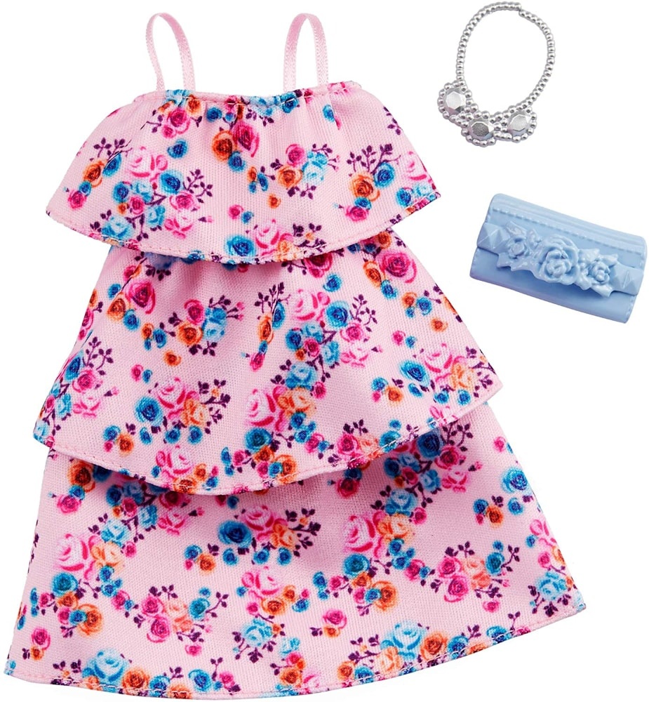 slide 1 of 1, Barbie Clothes: Pink Floral Dress, Plus 2 Doll Accessories, Style D, 1 ct