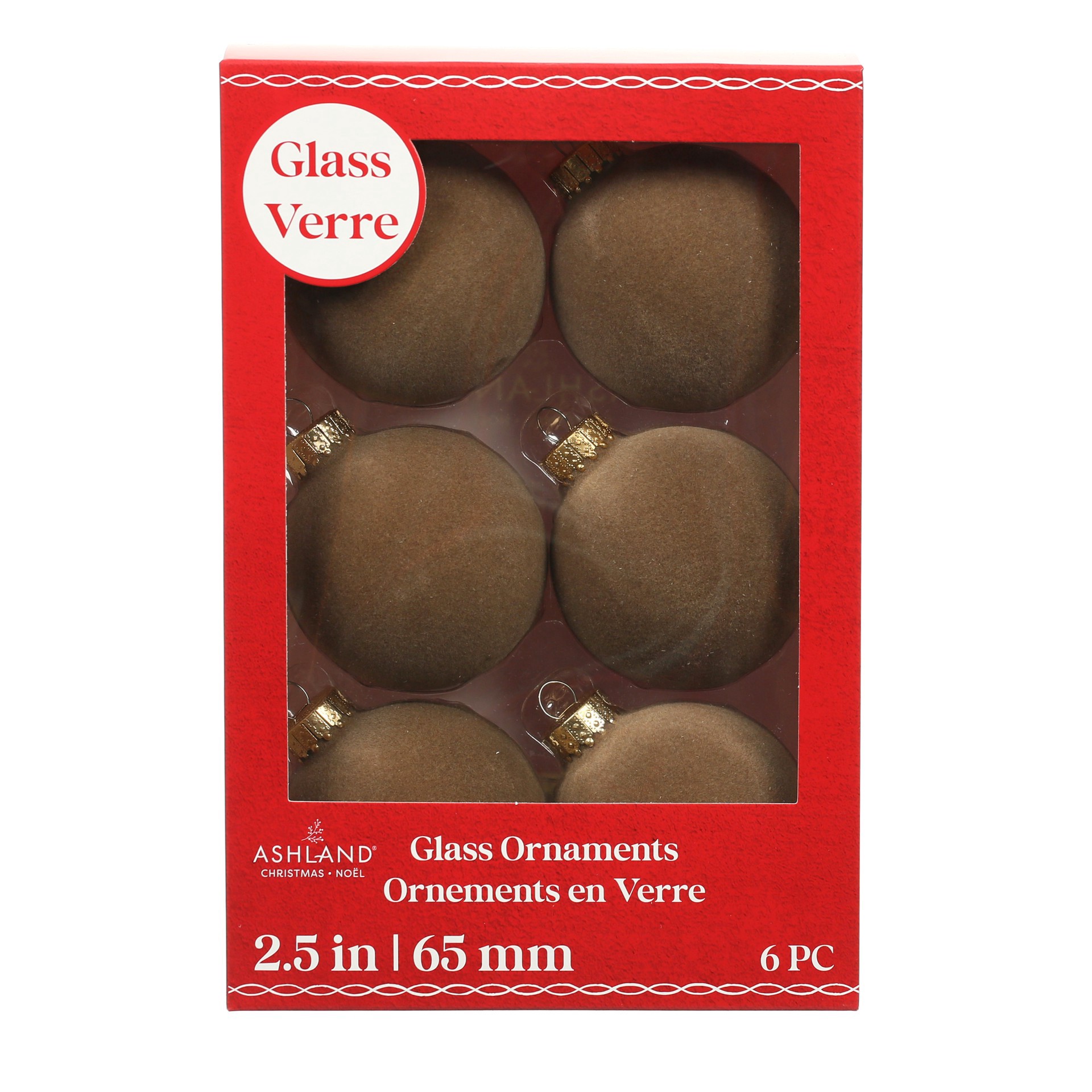 slide 2 of 3, 6 Pack 2.5" Brown Flocked Glass Ball Ornaments By Ashland, 6 ct