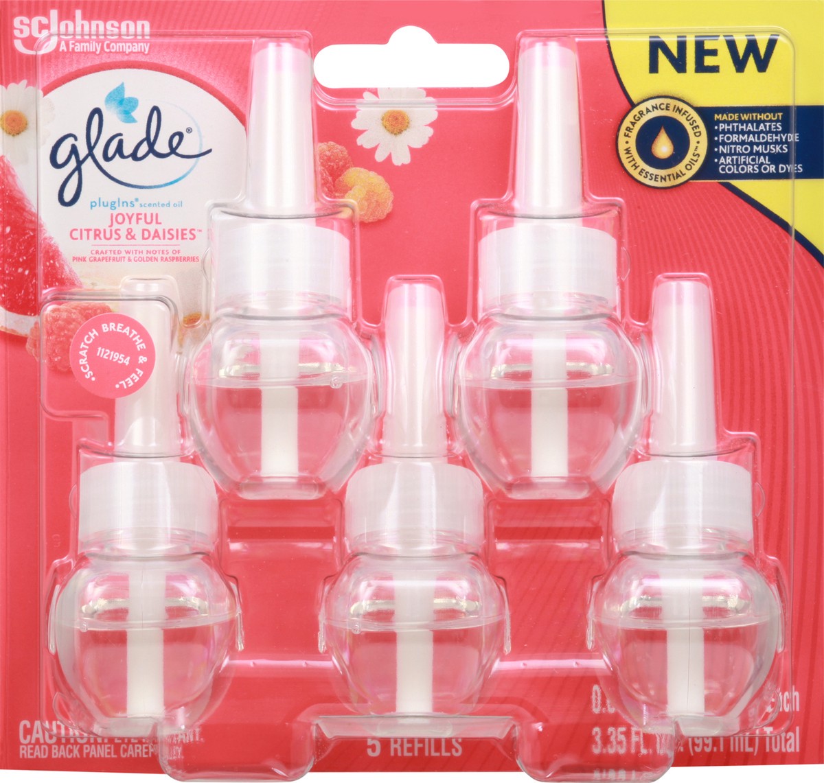 slide 4 of 9, Glade PlugIns Scented Oil 5 Refills, Air Freshener, Joyful Citrus & Daisies 5 x 1.34 oz, 3.35 fl oz