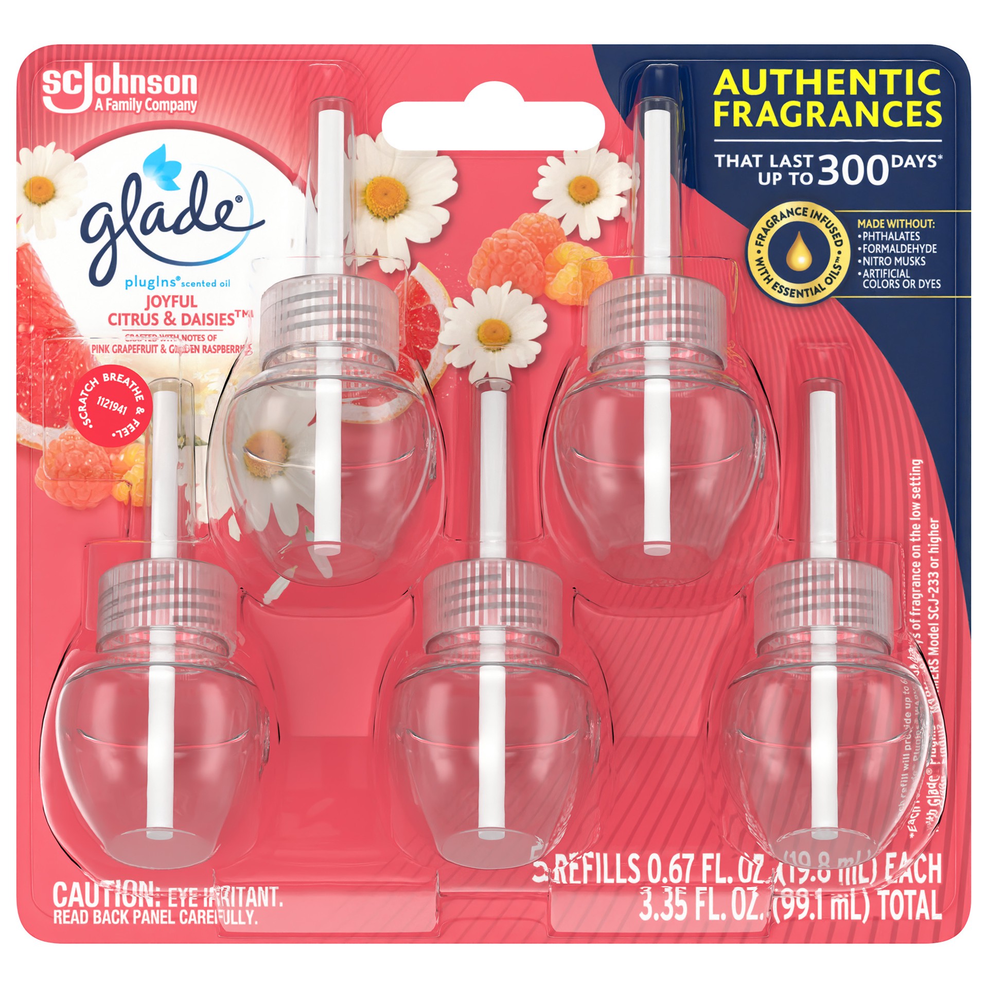 slide 1 of 9, Glade PlugIns Scented Oil 5 Refills, Air Freshener, Joyful Citrus & Daisies 5 x 1.34 oz, 3.35 fl oz