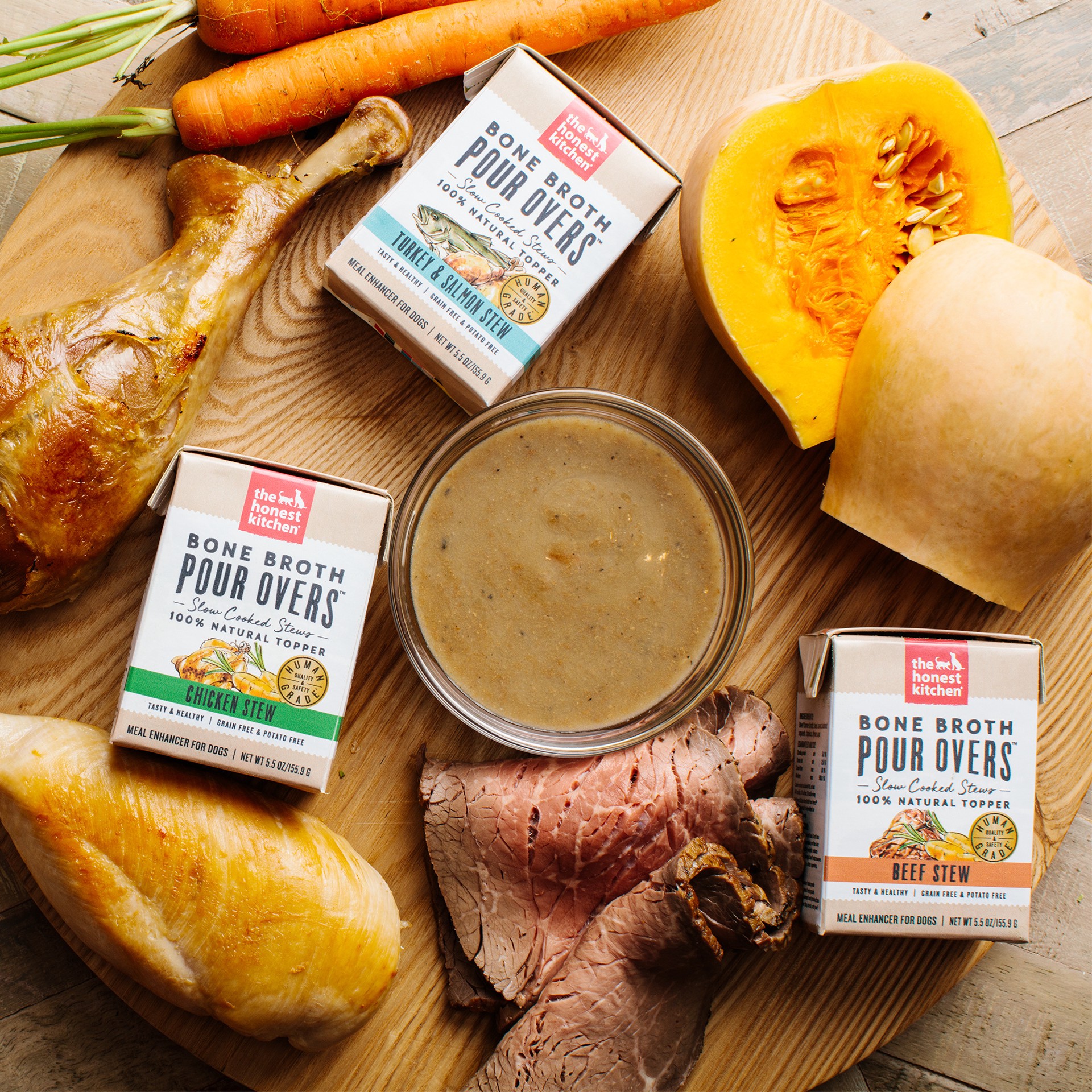 slide 4 of 9, The Honest Kitchen Bone Broth POUR OVERS™: Turkey & Salmon Stew Dog Food Topper, 5.5 oz x1, 5.5 oz