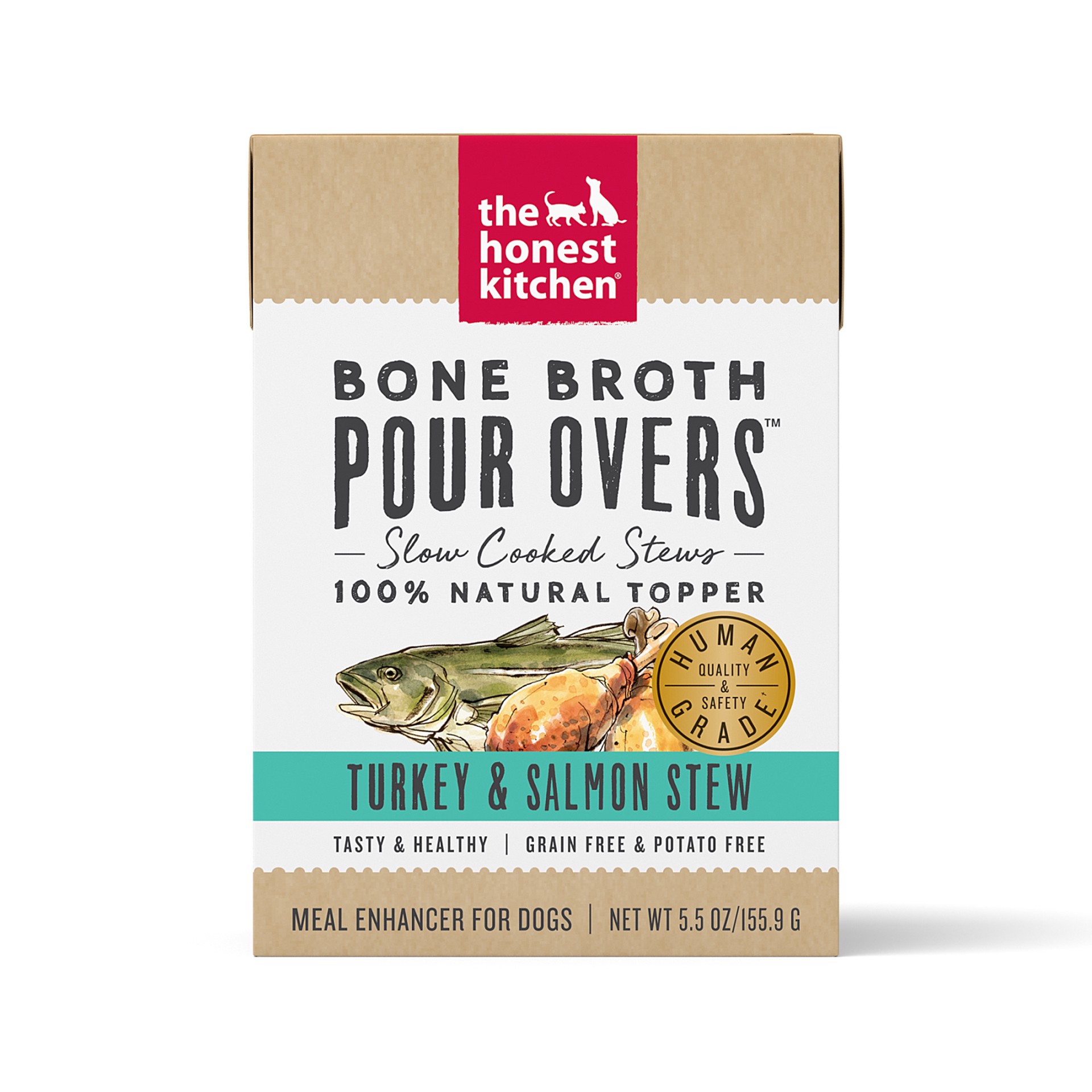 slide 1 of 9, The Honest Kitchen Bone Broth POUR OVERS™: Turkey & Salmon Stew Dog Food Topper, 5.5 oz x1, 5.5 oz