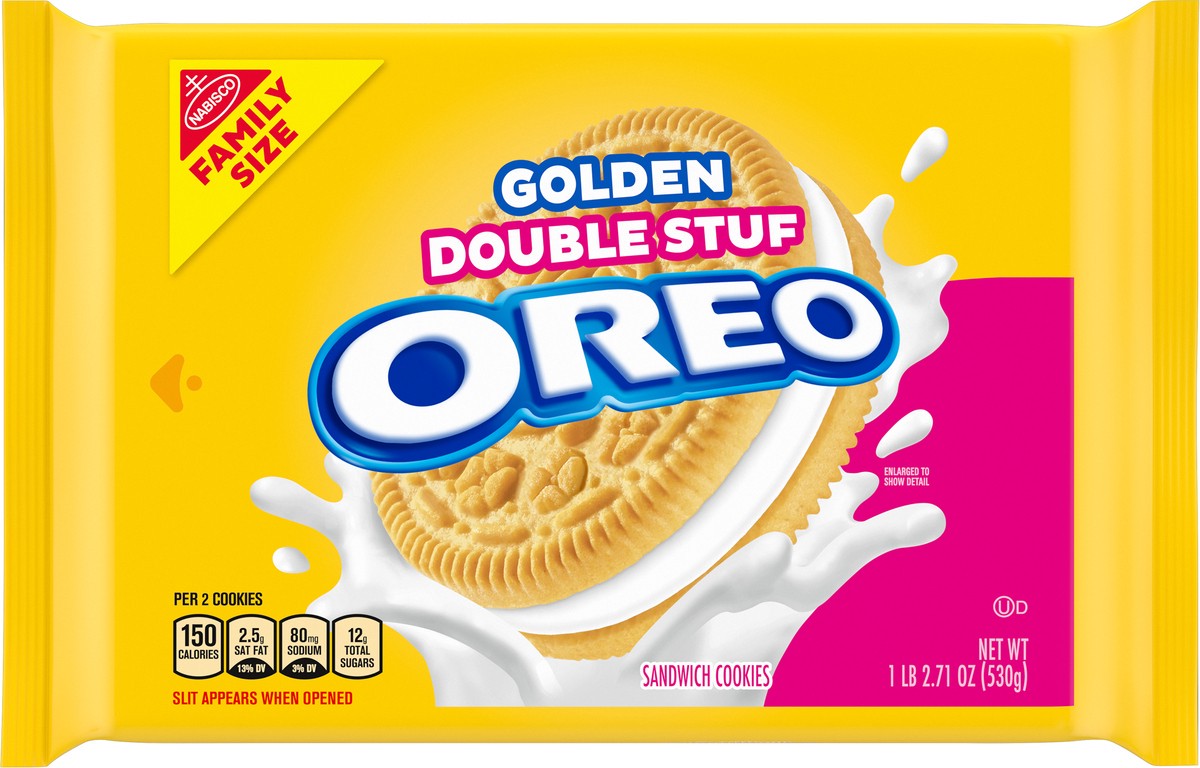 slide 9 of 16, Oreo Double Stuf Golden Sandwich Cookies Family Size - 18.12oz, 18.71 oz