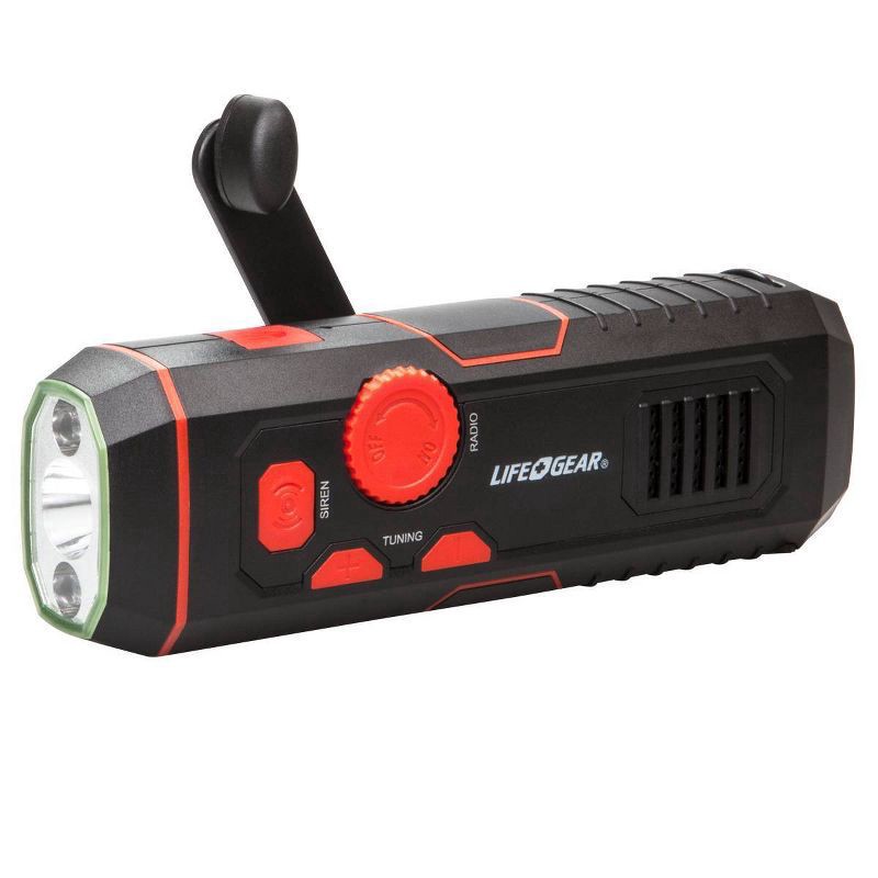 slide 2 of 4, Life+Gear Stormproof Crank LED Flashlight with FM Radio/USB Port - Black/Red, 1 ct