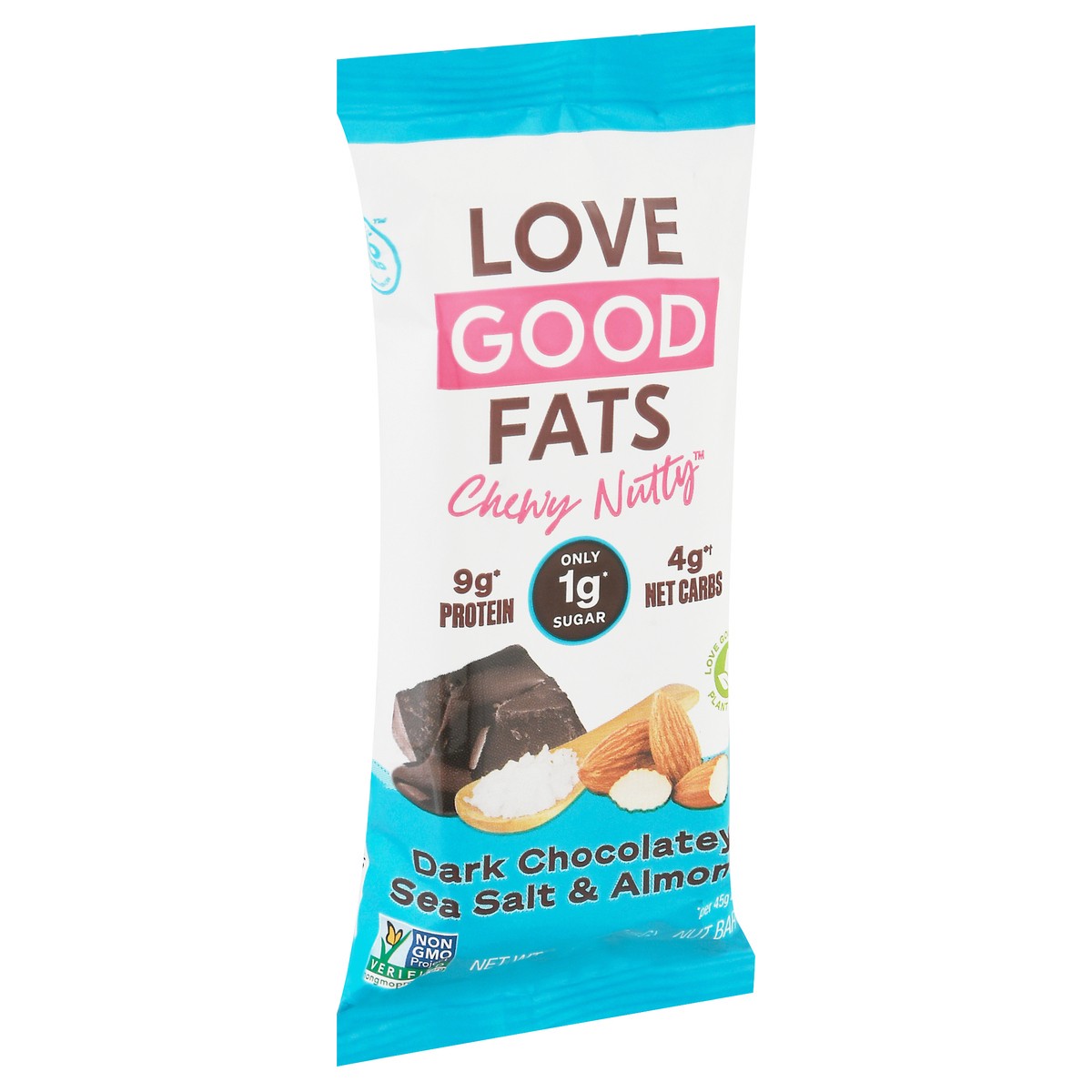 slide 2 of 9, Love Good Fats Chewy Nutty Dark Chocolatey Sea Salt & Almond Nut Bar 1.59 oz, 1.59 oz