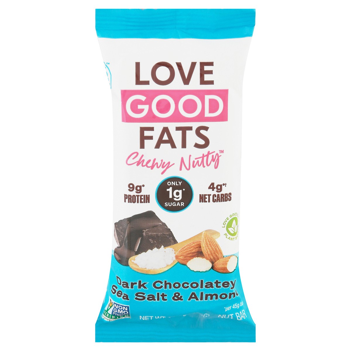 slide 1 of 9, Love Good Fats Chewy Nutty Dark Chocolatey Sea Salt & Almond Nut Bar 1.59 oz, 1.59 oz