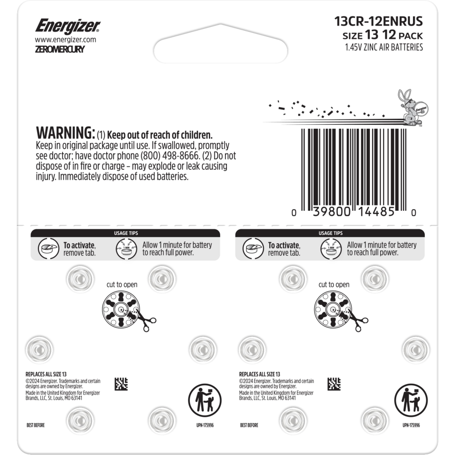slide 2 of 2, Energizer Hearing Aid Batteries Size 13, Orange Tab, 12 Pack, 12 ct