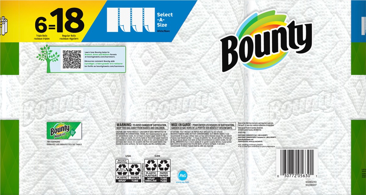 slide 3 of 5, Bounty Select-A-Size Paper Towels, 6 Triple Rolls, White, 135 Sheets Per Roll, 6 ct