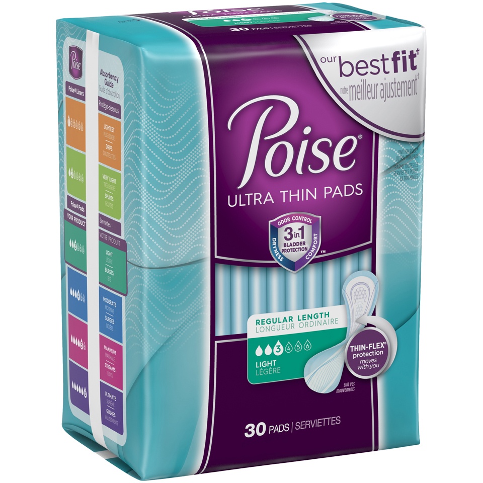 slide 2 of 3, Poise Thinshape Pads Light Absorbency, 30 ct