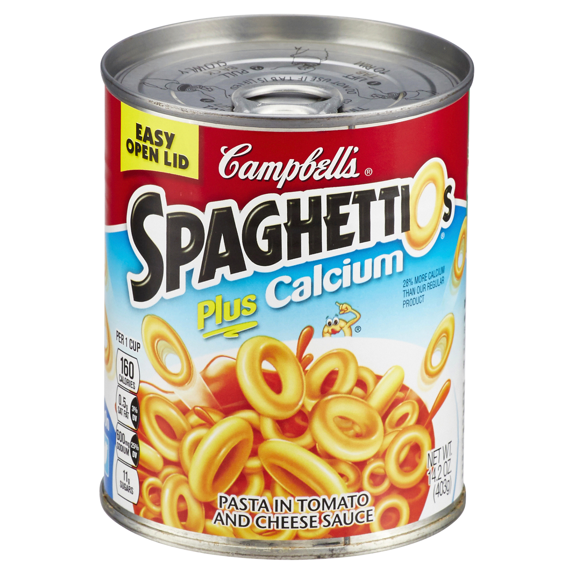 slide 1 of 1, Campbell's Spaghettios Plus Calcium Pasta In Tomato And Cheese Sauce, 14.2 oz