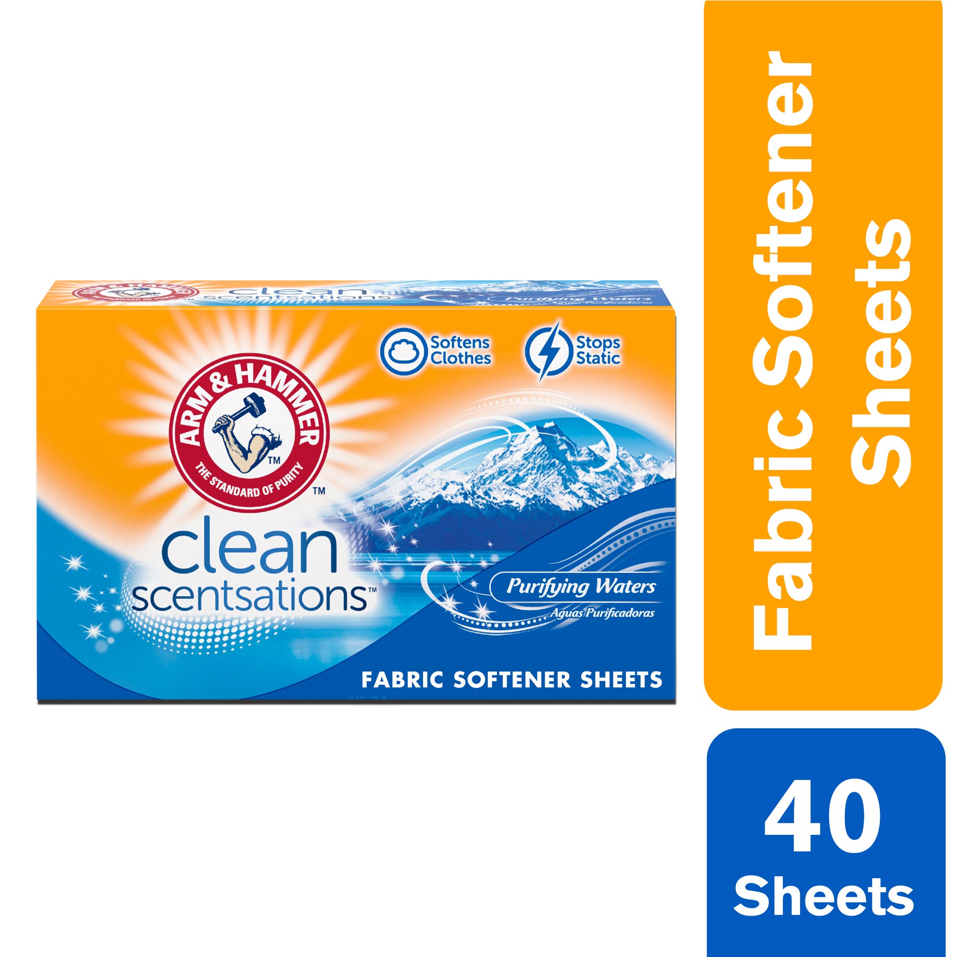 slide 3 of 5, ARM & HAMMER Fabric Softener Sheets, 40 sheets, Purifying Waters, 40 ct