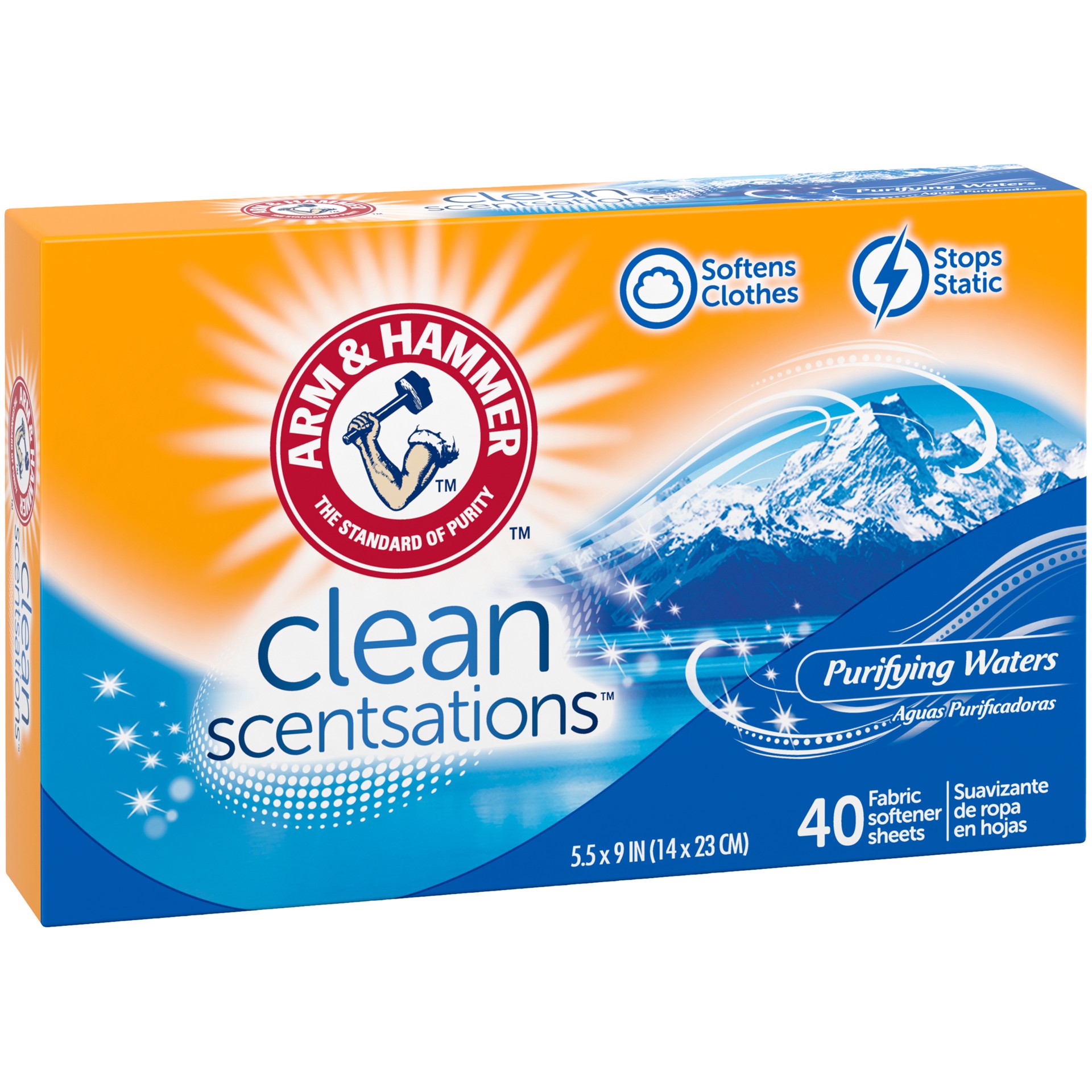 slide 5 of 5, ARM & HAMMER Fabric Softener Sheets, 40 sheets, Purifying Waters, 40 ct