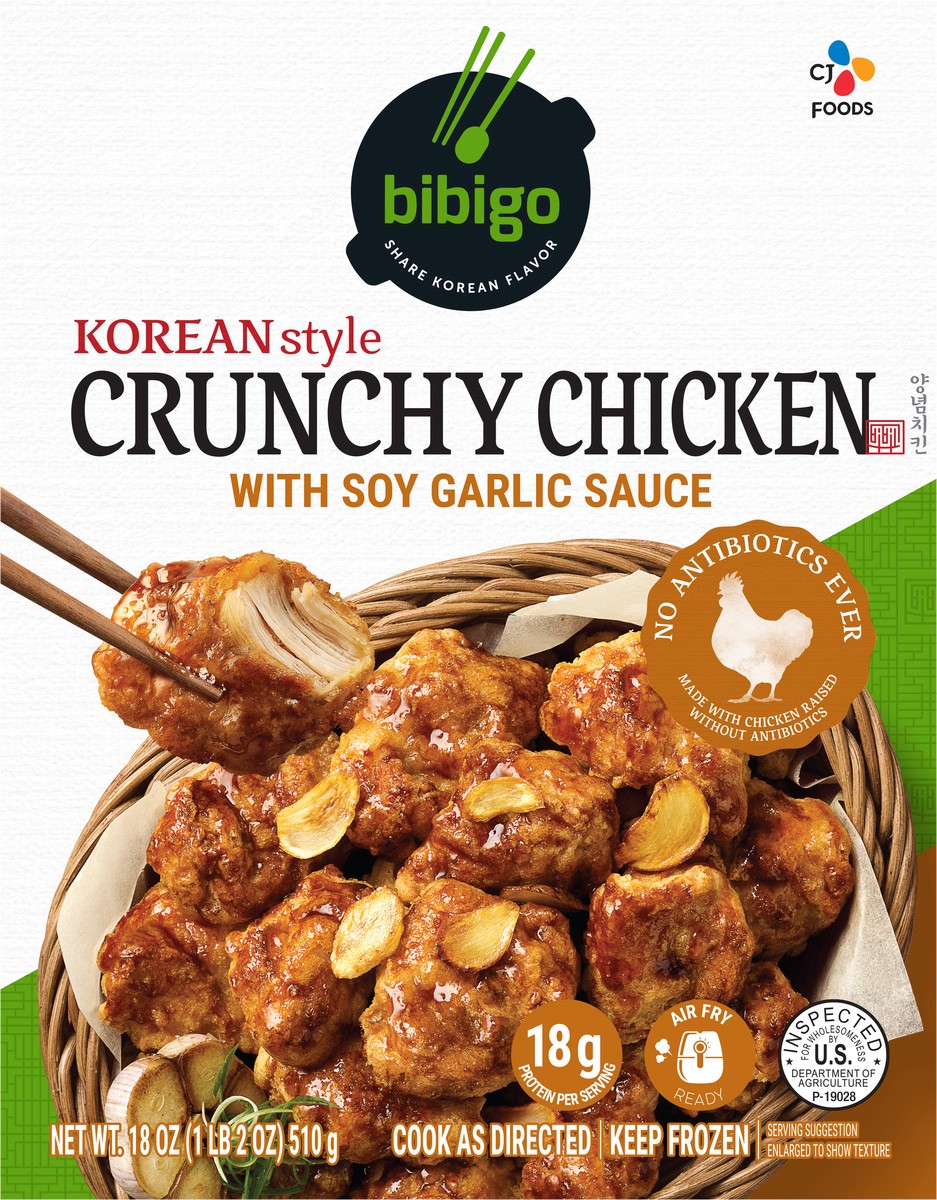 slide 6 of 9, Bibigo Korean Style Crunchy Chicken with Soy Garlic Sauce 18 oz. Box, 18 oz