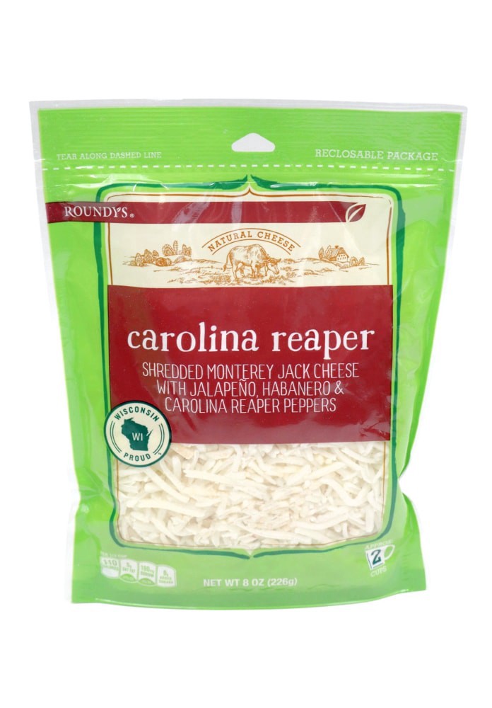 slide 1 of 2, Roundy's Carolina Reaper Monterey Jack Shredded Cheese Jalapeno Habanero & Carolina Reaper Peppers, 6 oz