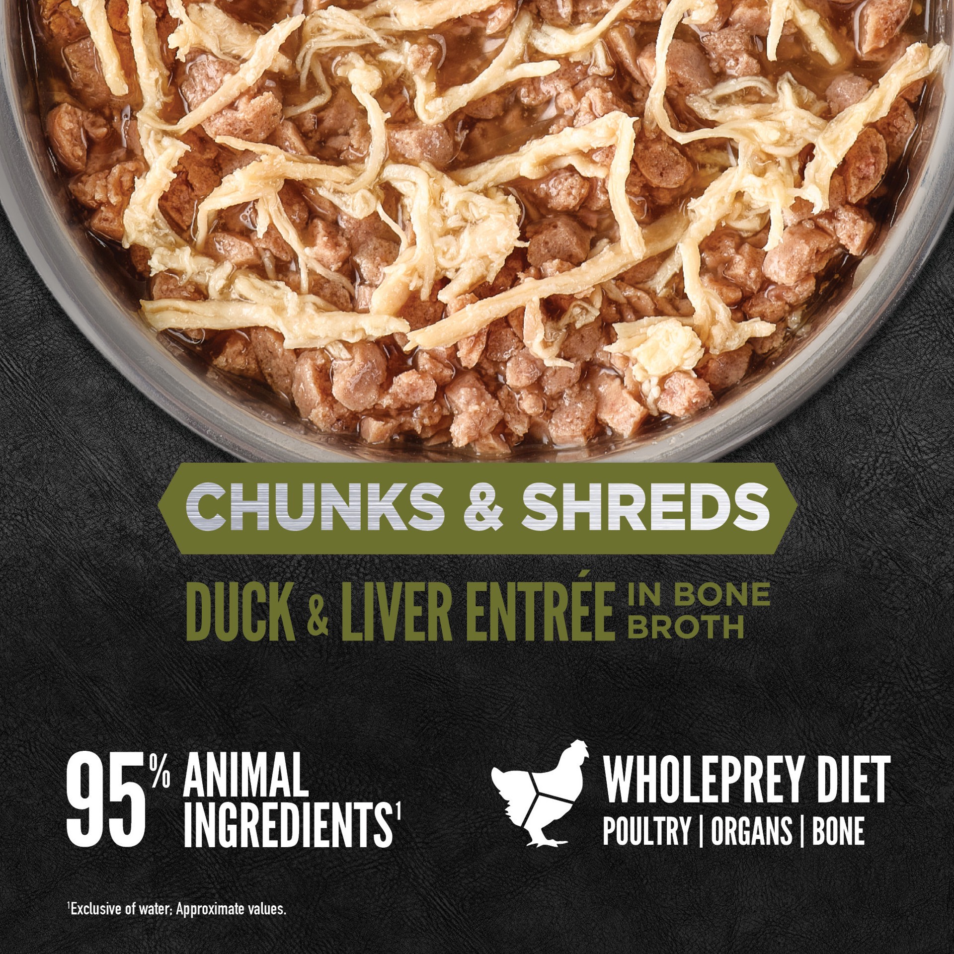 slide 2 of 2, ORIJEN Chunks & Shreds Duck & Liver Entrée, 3oz, case of 12 cans, 3 oz