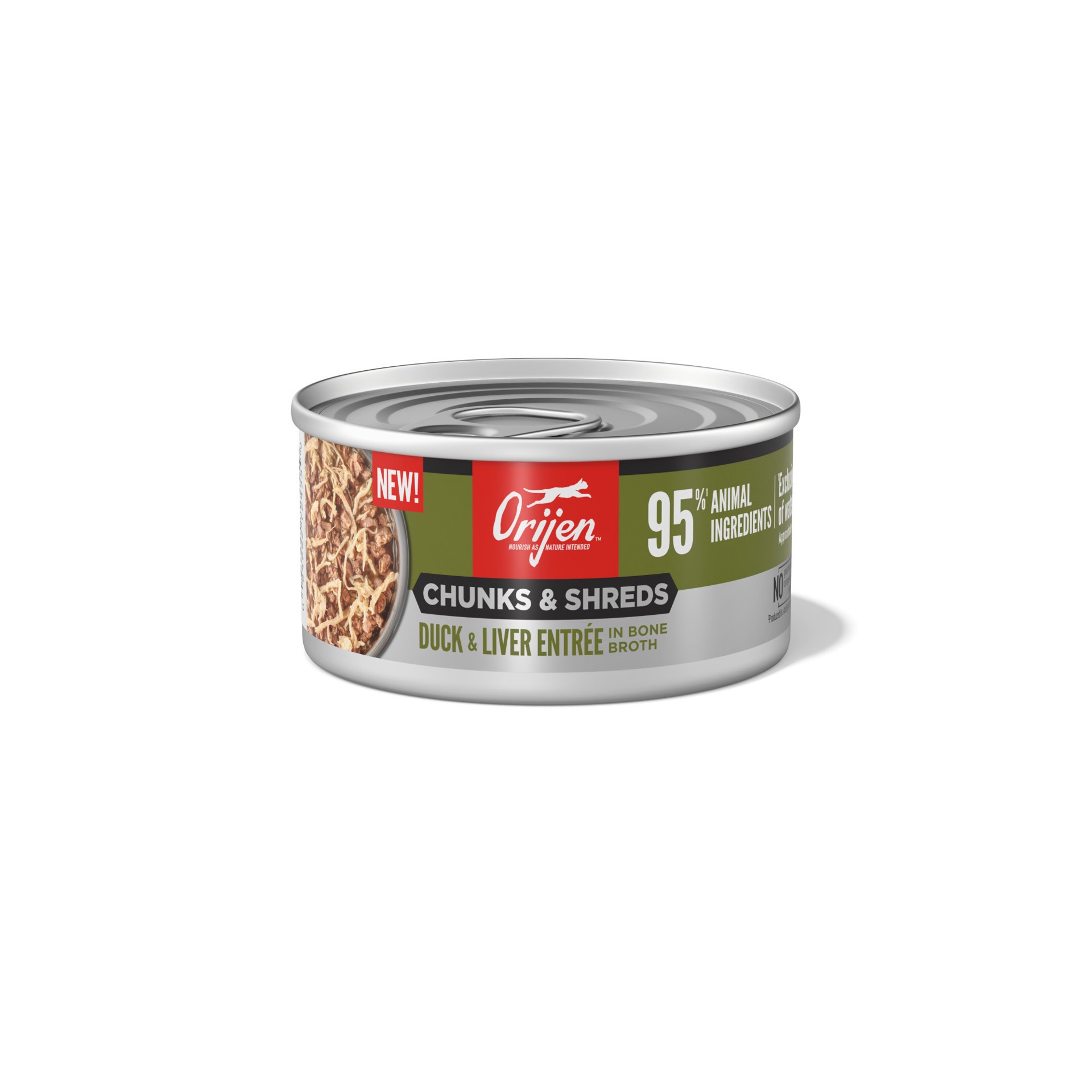 slide 1 of 2, ORIJEN Chunks & Shreds Duck & Liver Entrée, 3oz, case of 12 cans, 3 oz