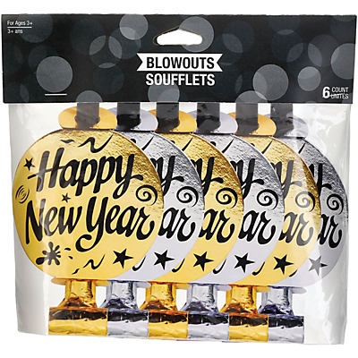 slide 1 of 1, Creative Converting Gold & Silver Foil Happy New Year Blowouts, 6 ct