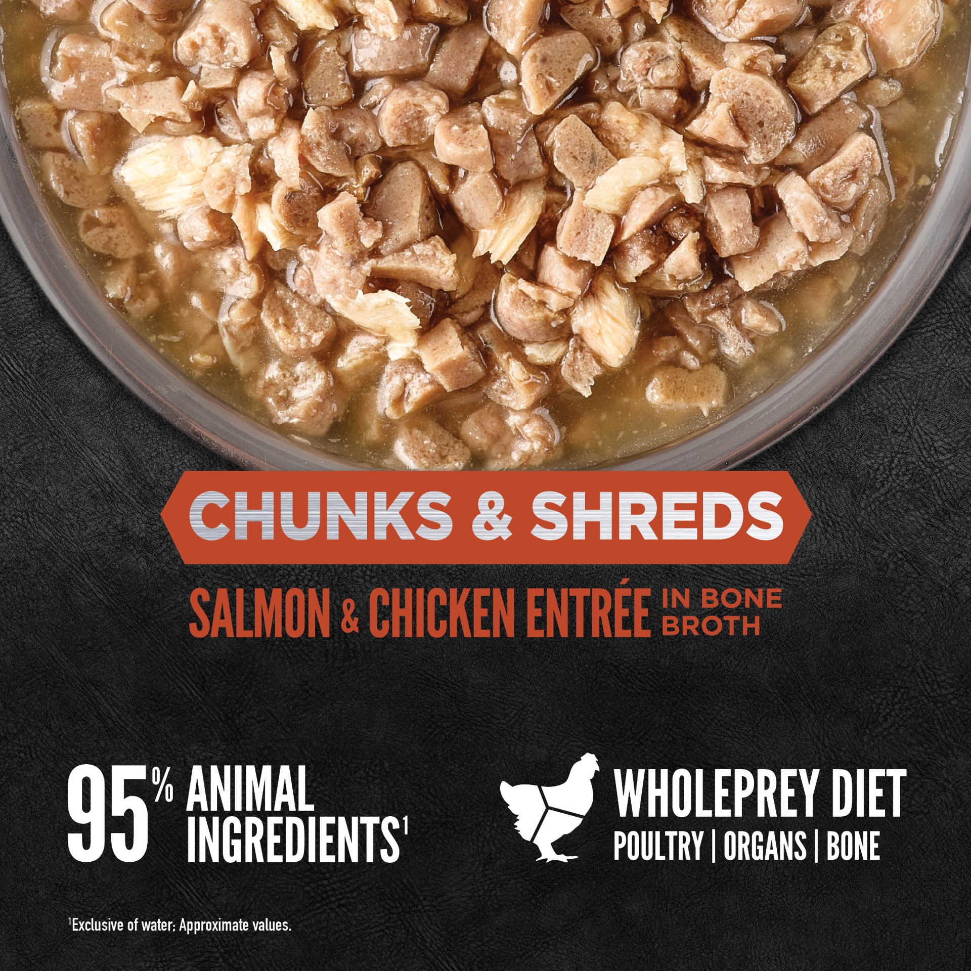 slide 2 of 2, ORIJEN Chunks & Shreds Salmon & Chicken Entrée, 3oz, case of 12 cans, 3 oz