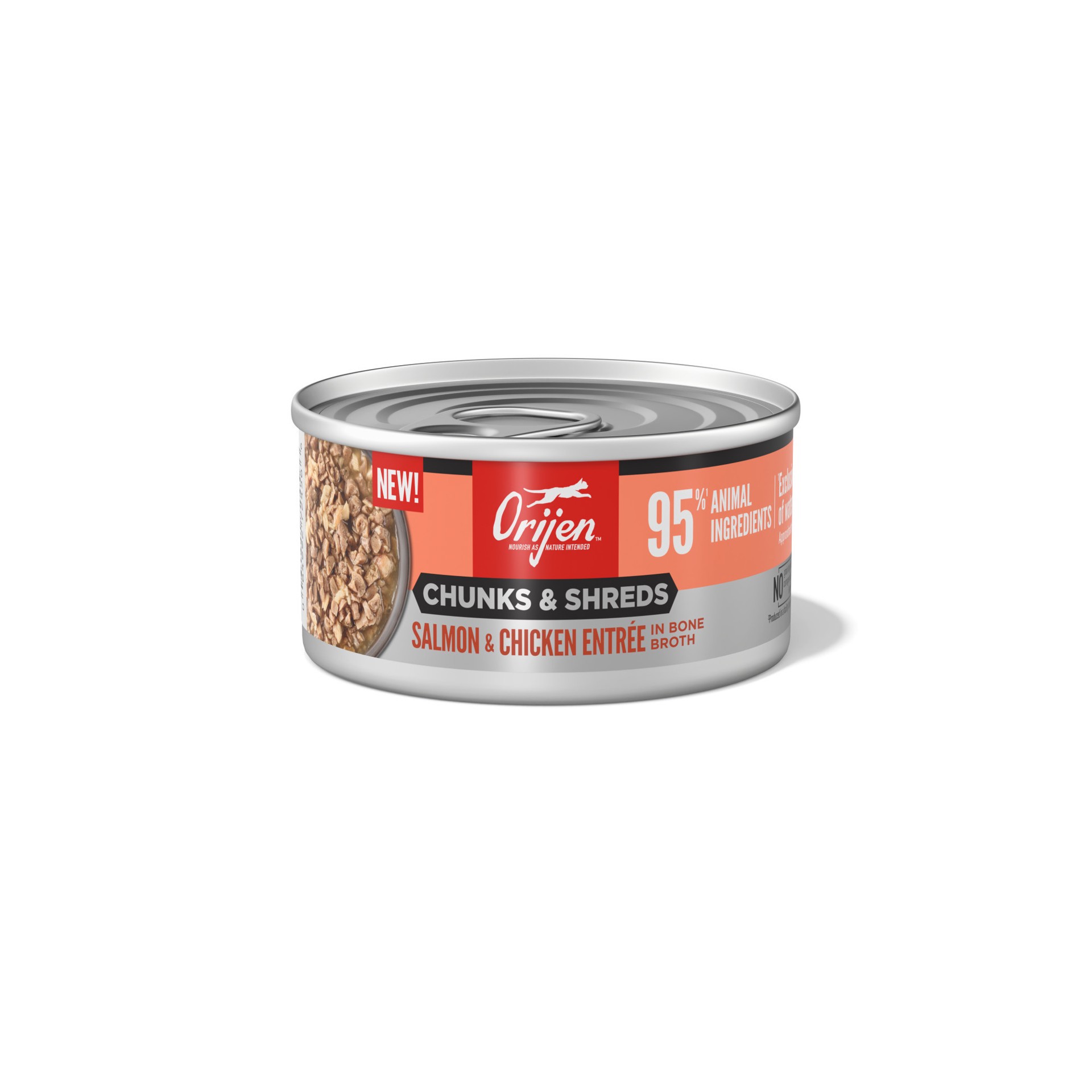 slide 1 of 2, ORIJEN Chunks & Shreds Salmon & Chicken Entrée, 3oz, case of 12 cans, 3 oz