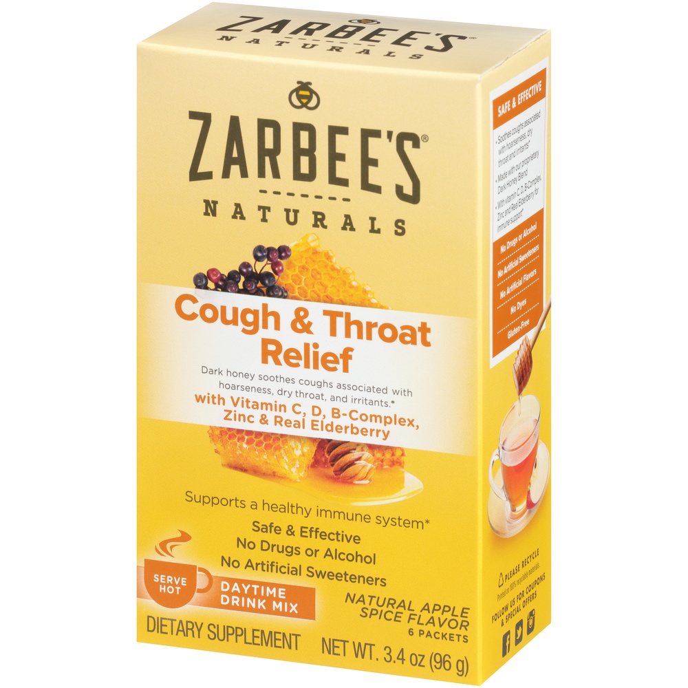 slide 3 of 6, Zarbee's Naturals Cough & Throat Relief Daytime Drink Mix Powder - Apple Spice, 6 ct