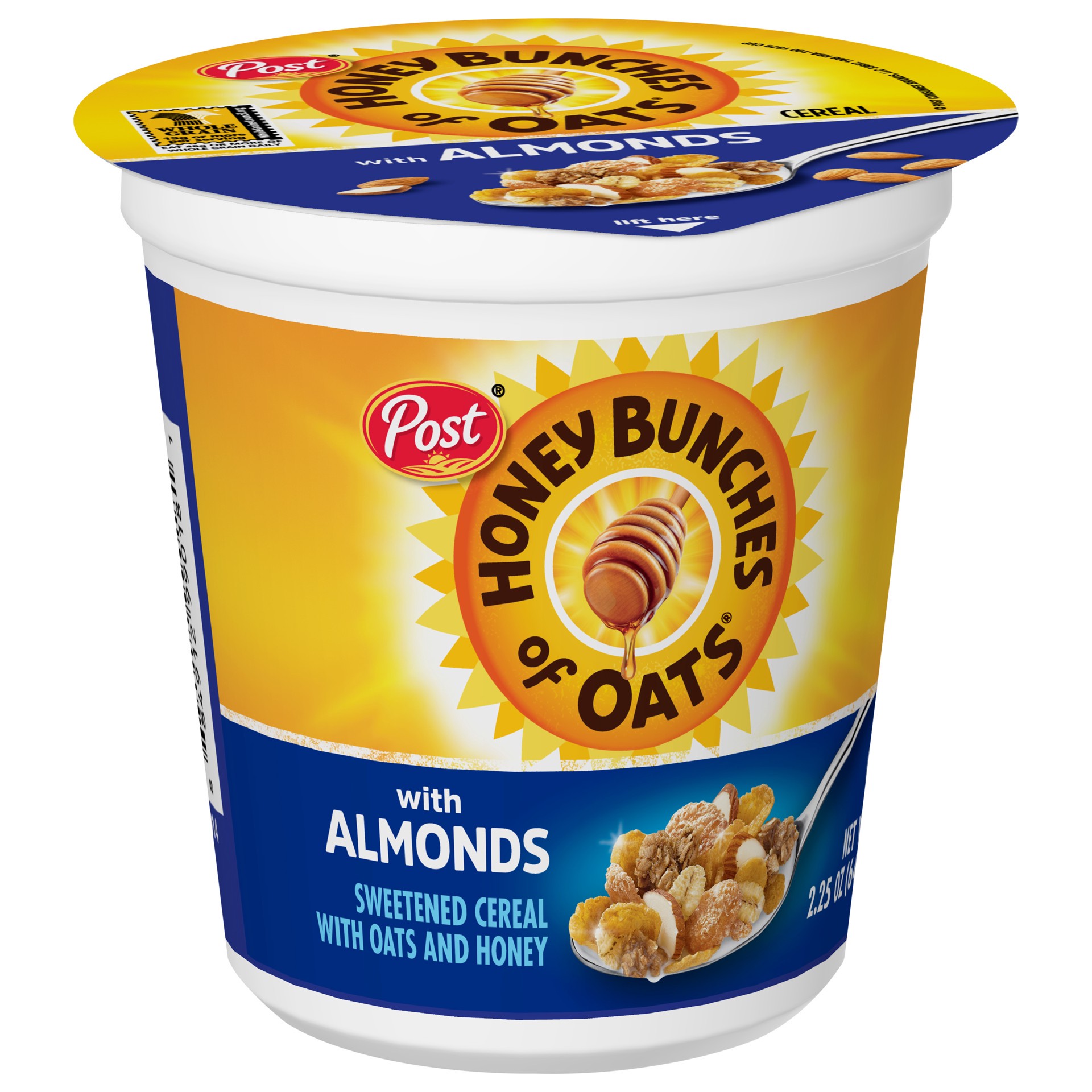 slide 4 of 5, Post Honey Bunches of Oats with Almonds Breakfast Cereal, 2.25 OZ Cereal Cup, 2.25 oz