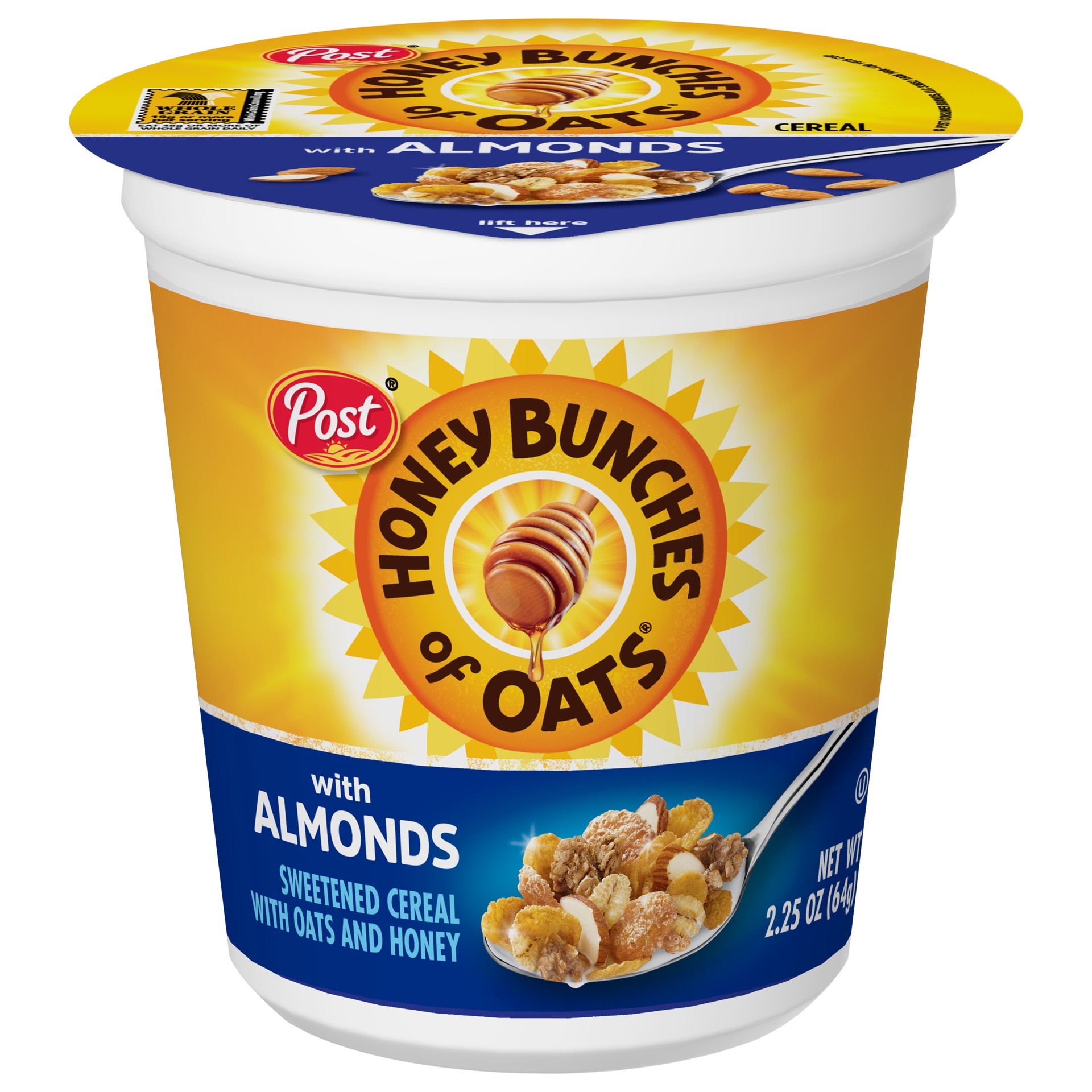 slide 5 of 5, Post Honey Bunches of Oats with Almonds Breakfast Cereal, 2.25 OZ Cereal Cup, 2.25 oz