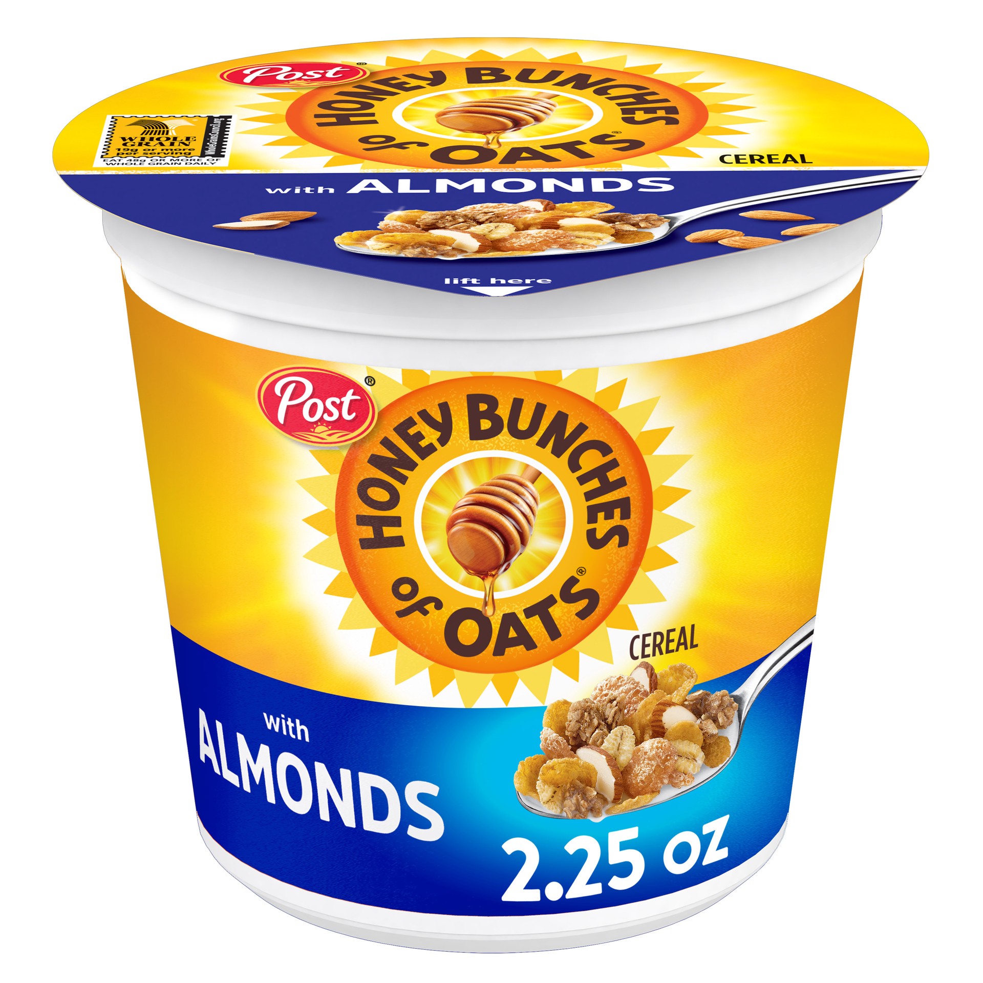 slide 1 of 5, Post Honey Bunches of Oats with Almonds Breakfast Cereal, 2.25 OZ Cereal Cup, 2.25 oz