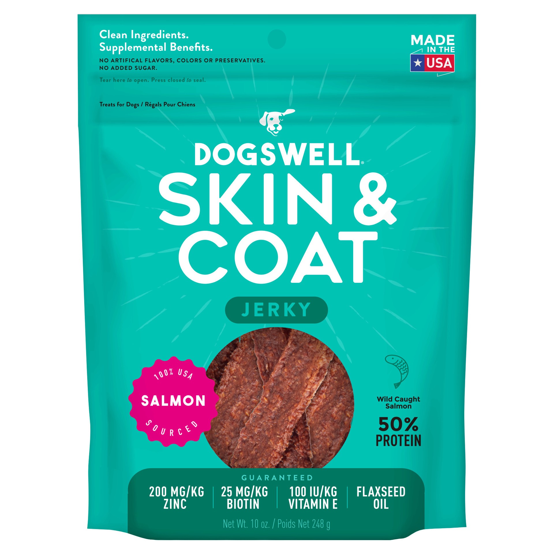 slide 1 of 7, Dogswell Skin & Coat Jerky Dog Treats, Salmon, 10 oz. Pouch, 10 oz