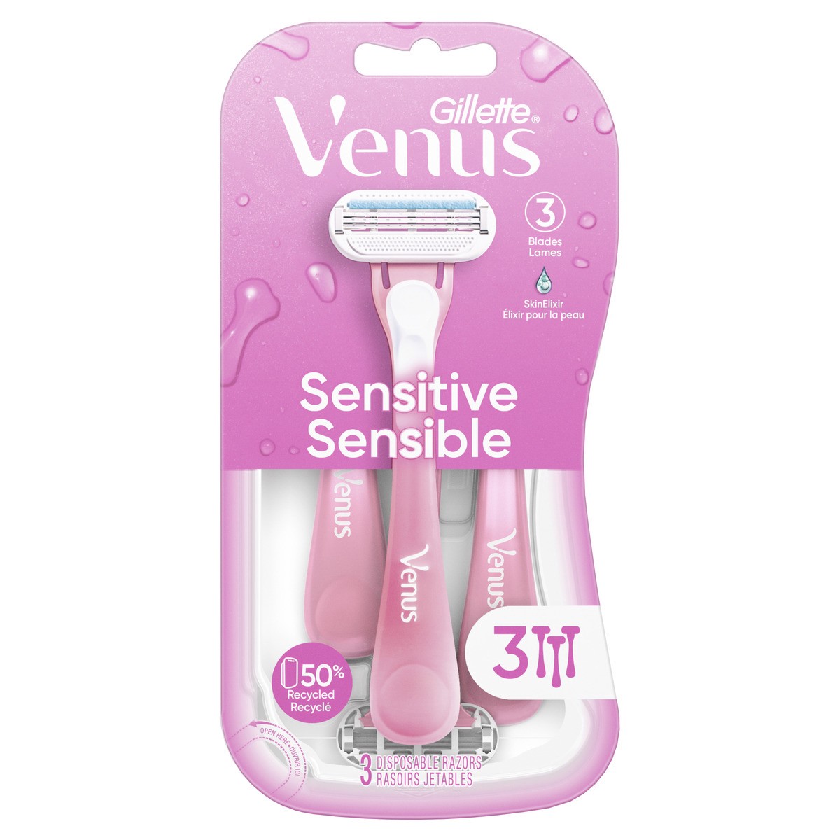 slide 1 of 3, Gillette Venus Sensitive Women's Disposable Razor, 3 Count, 3 ct