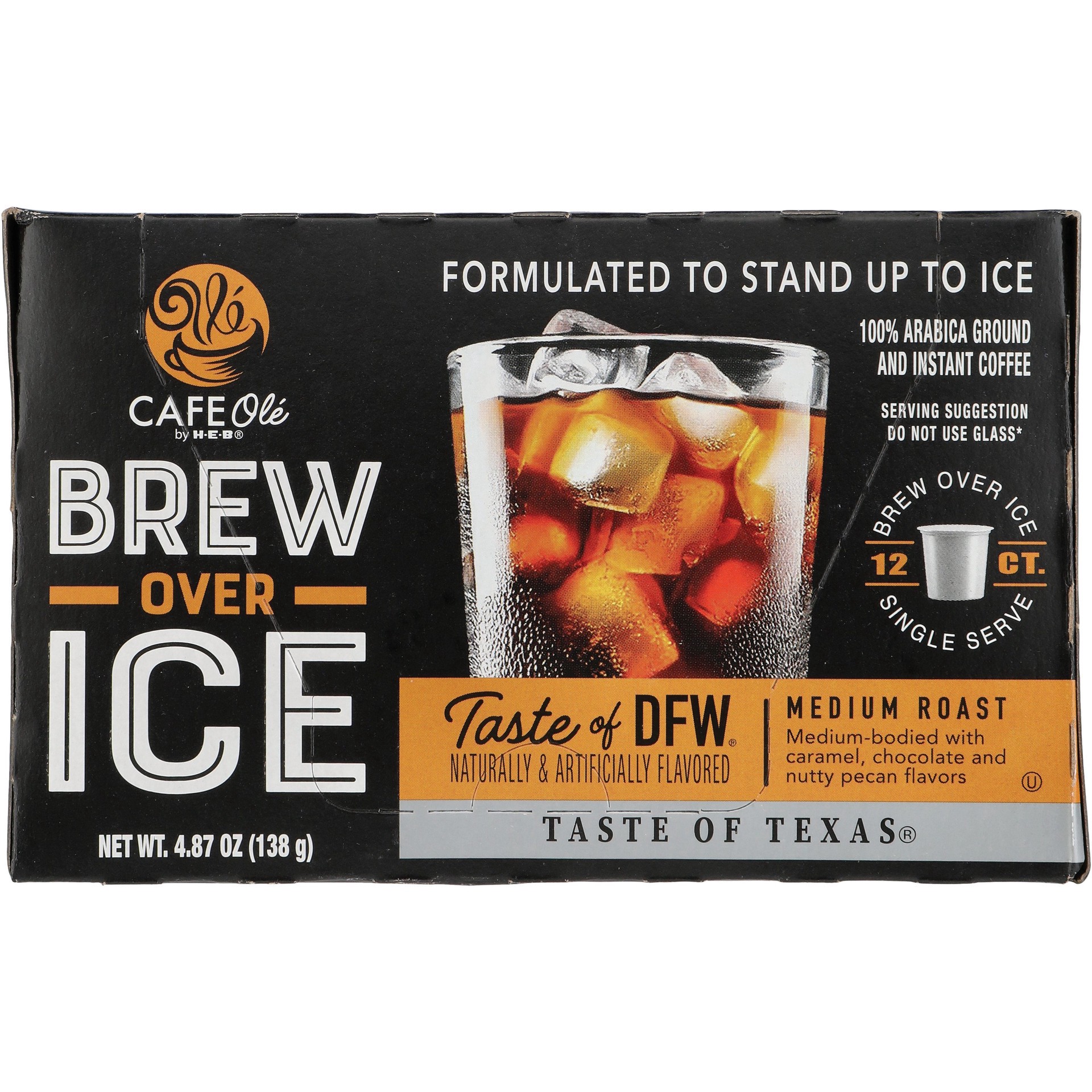 slide 1 of 1, CAFE Olé by H‑E‑B Taste of DFW Brew Over Ice Medium Roast Coffee Single Serve Cups, 12 ct