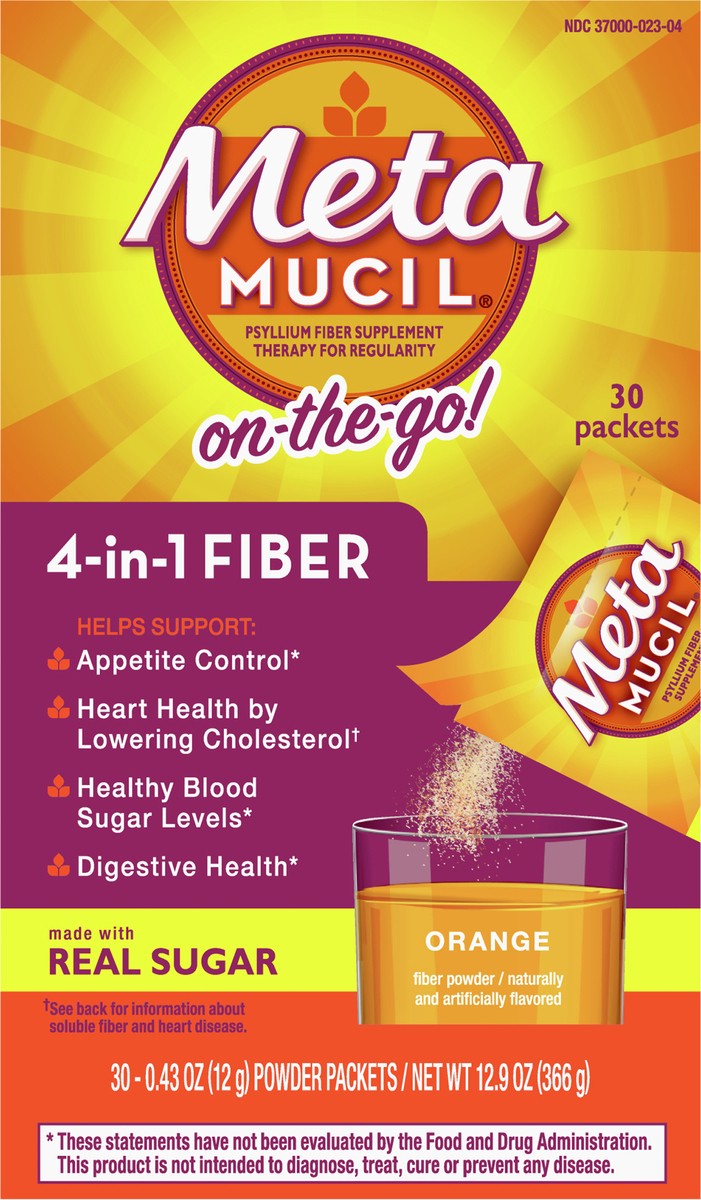 slide 2 of 2, Metamucil On-the-Go, Daily Psyllium Husk Powder Supplement with Real Sugar, 4-in-1 Fiber for Digestive Health, Orange Smooth Flavored Drink, 30 packets, 30 ct