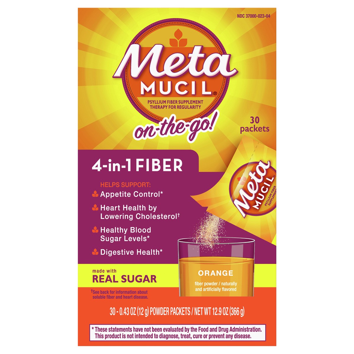 slide 1 of 2, Metamucil On-the-Go, Daily Psyllium Husk Powder Supplement with Real Sugar, 4-in-1 Fiber for Digestive Health, Orange Smooth Flavored Drink, 30 packets, 30 ct