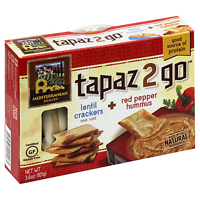 slide 1 of 4, Mediterranean Snacks Tapaz 2 Go Lentil Crackers With Roasted Garlic Hummus, 3.6 oz