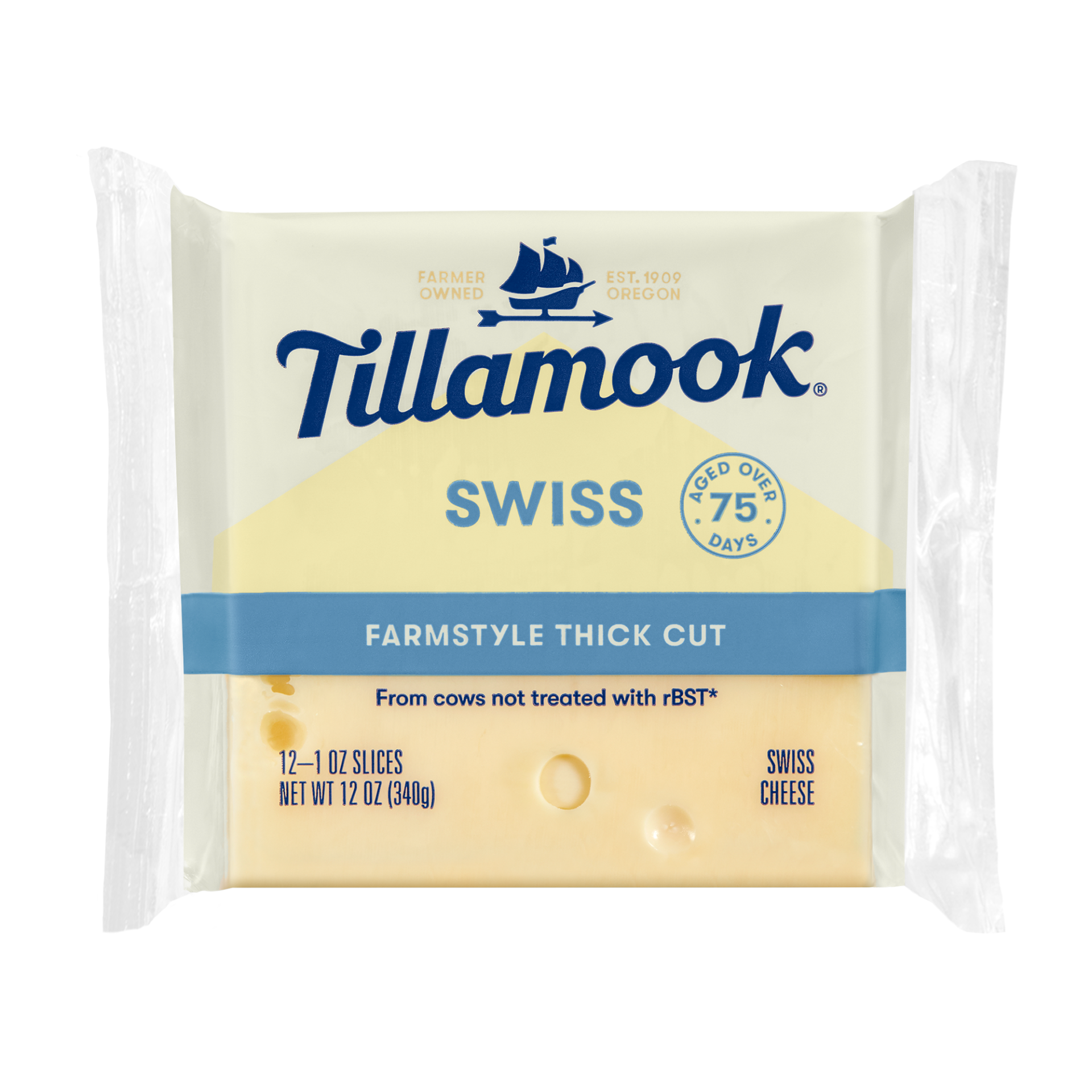 slide 1 of 5, Tillamook Farmstyle Thick Cut Swiss Cheese Slices, 12 oz