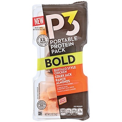 slide 1 of 1, P3 Bold Portable Protein Snack Pack with Buffalo Chicken, Colby Jack Cheese & Ranch Flavored Almonds Tray, 2 oz