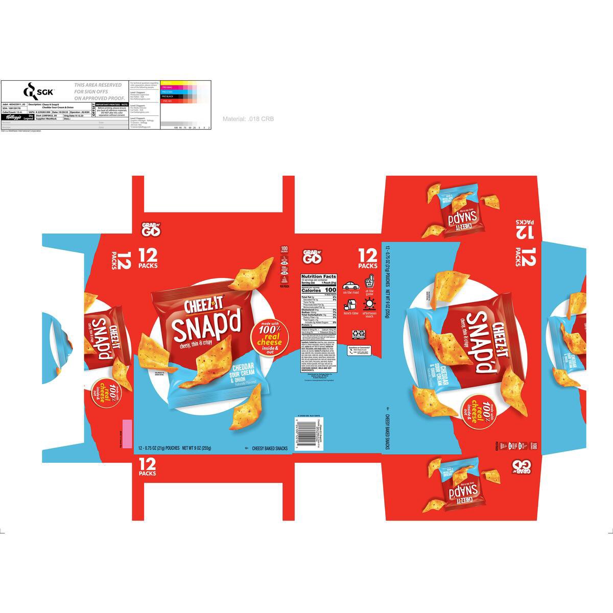 slide 11 of 13, Cheez-It Snap'd Cheese Cracker Chips, Thin Crisps, Lunch Snacks, Cheddar Sour Cream and Onion, 9oz Box, 12 Pouches, 9 oz