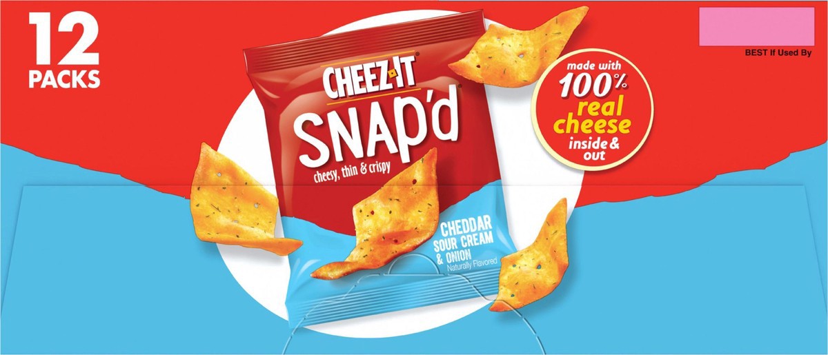 slide 2 of 13, Cheez-It Snap'd Cheese Cracker Chips, Thin Crisps, Lunch Snacks, Cheddar Sour Cream and Onion, 9oz Box, 12 Pouches, 9 oz