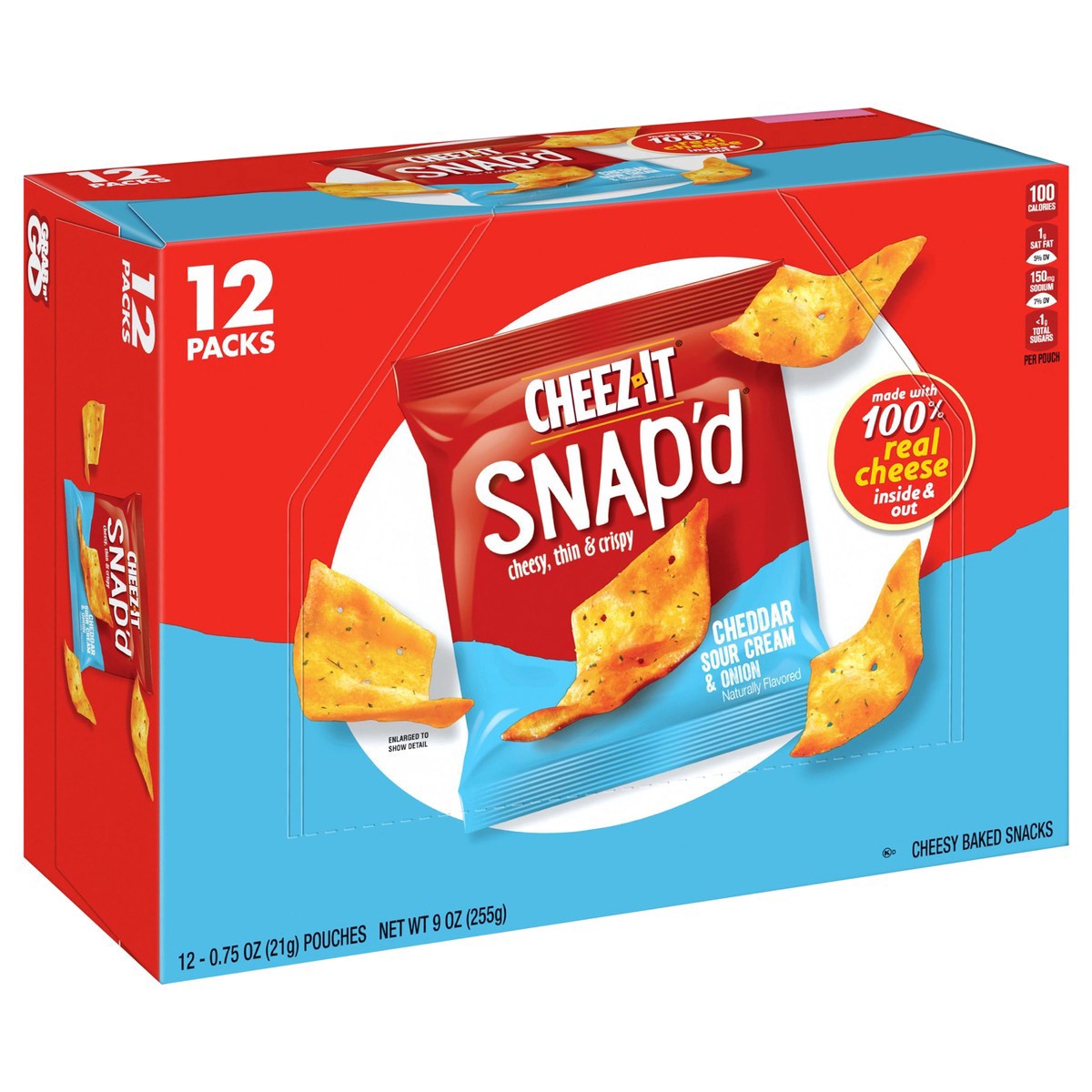 slide 12 of 13, Cheez-It Snap'd Cheese Cracker Chips, Thin Crisps, Lunch Snacks, Cheddar Sour Cream and Onion, 9oz Box, 12 Pouches, 9 oz