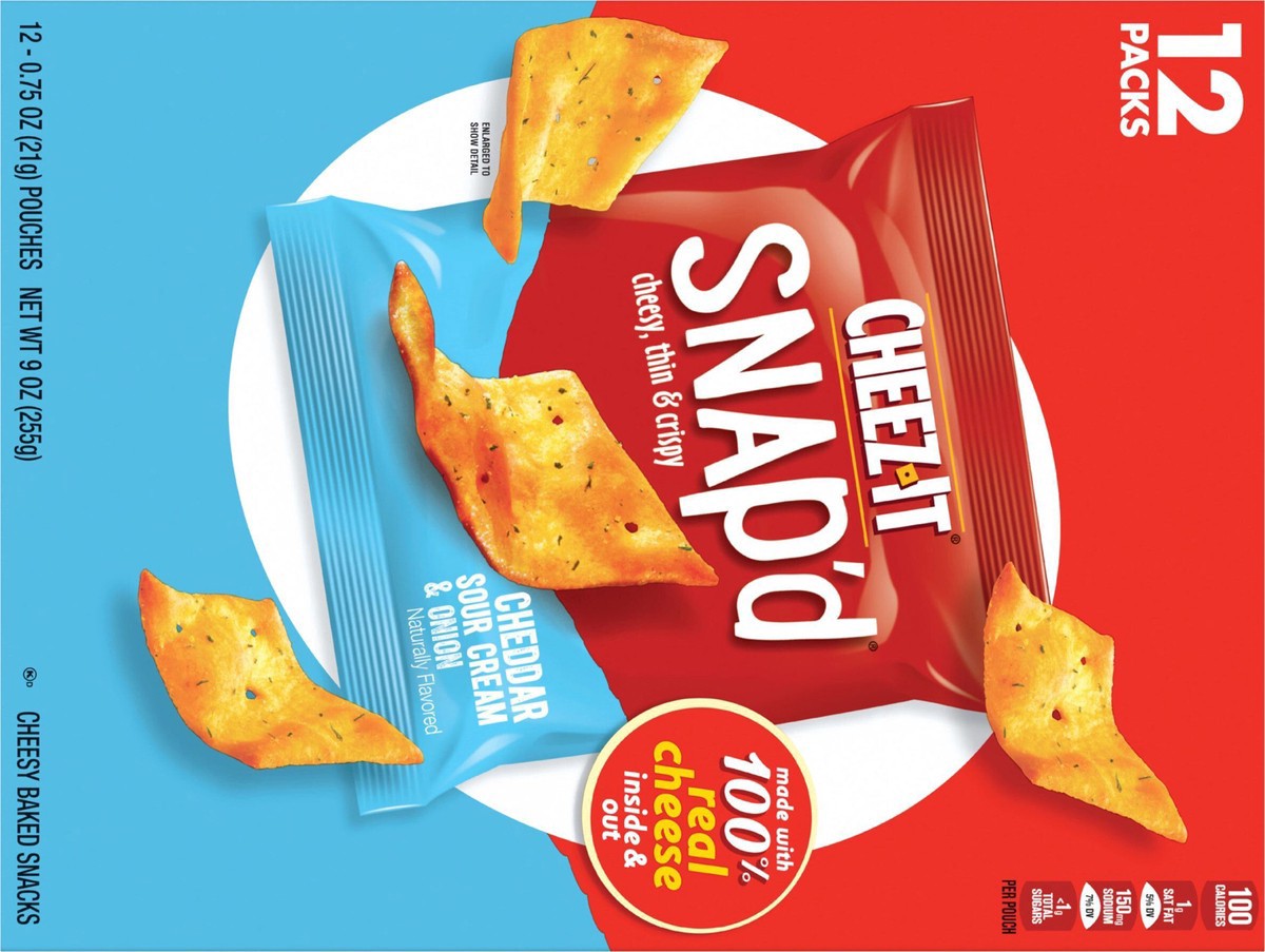 slide 9 of 13, Cheez-It Snap'd Cheese Cracker Chips, Thin Crisps, Lunch Snacks, Cheddar Sour Cream and Onion, 9oz Box, 12 Pouches, 9 oz