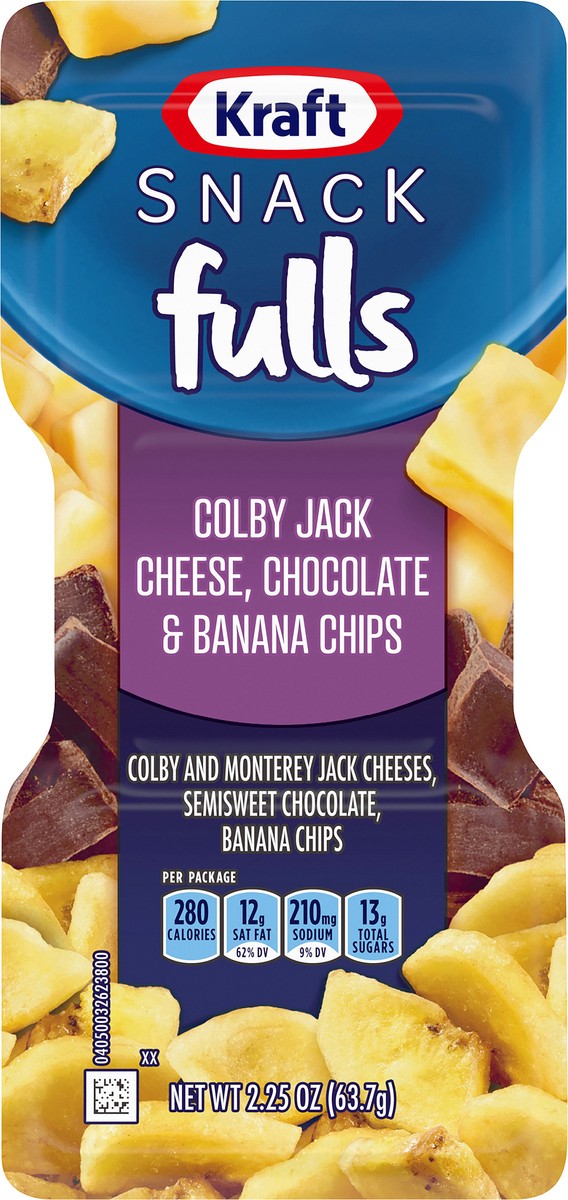 slide 3 of 14, Kraft Trios SnackFulls Colby Jack Marbled Cheese, Chocolate & Banana Chips Snack Pack, 2.25 oz Tray, 2.25 oz