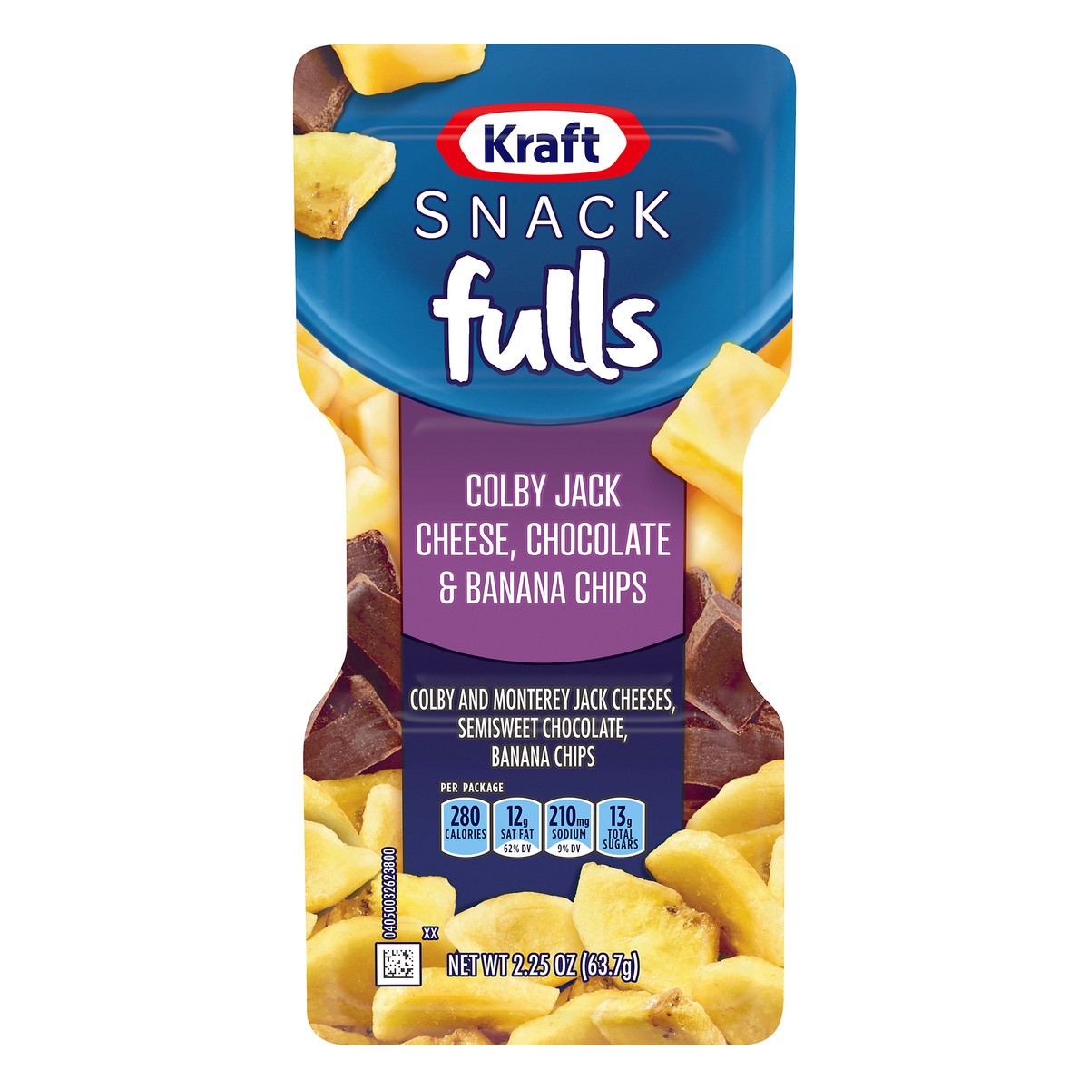 slide 4 of 14, Kraft Trios SnackFulls Colby Jack Marbled Cheese, Chocolate & Banana Chips Snack Pack, 2.25 oz Tray, 2.25 oz