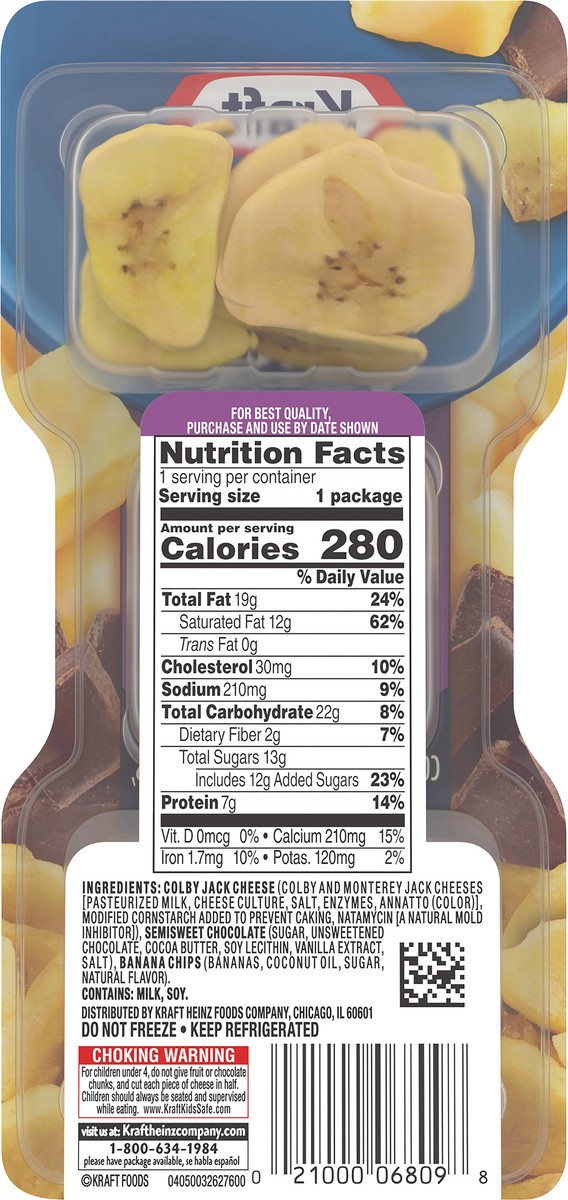 slide 7 of 14, Kraft Trios SnackFulls Colby Jack Marbled Cheese, Chocolate & Banana Chips Snack Pack, 2.25 oz Tray, 2.25 oz