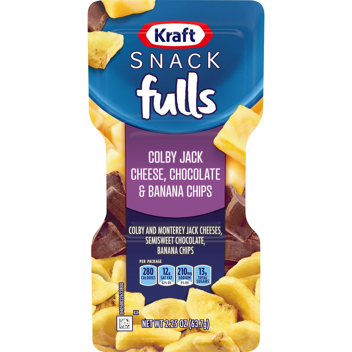 slide 1 of 14, Kraft Trios SnackFulls Colby Jack Marbled Cheese, Chocolate & Banana Chips Snack Pack, 2.25 oz Tray, 2.25 oz