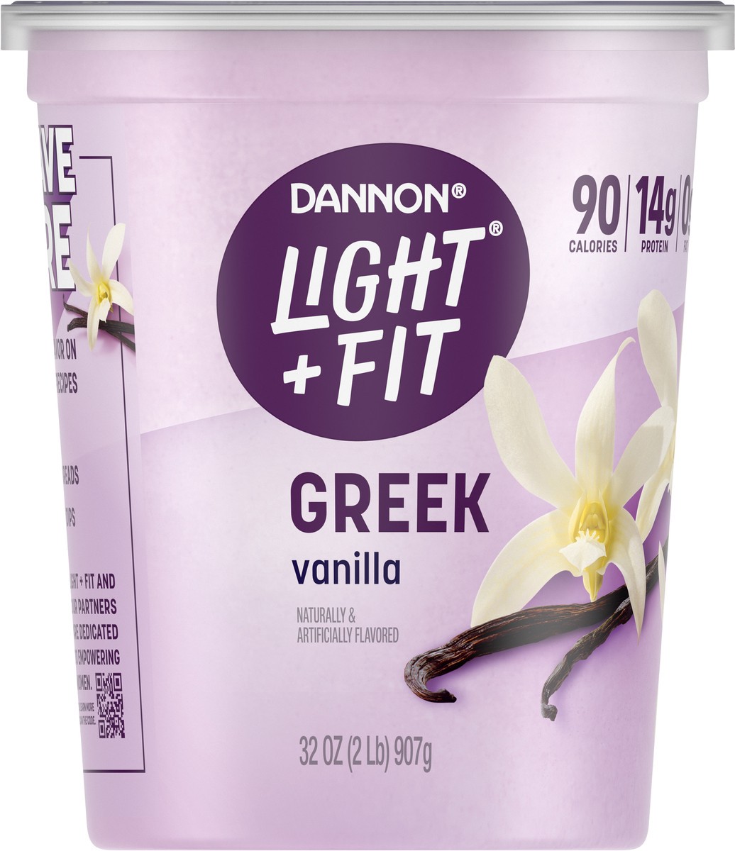 slide 2 of 9, Light + Fit Dannon Light + Fit Greek Vanilla Fat Free Yogurt, Creamy and Delicious Gluten Free Yogurt, 32 OZ, 32 oz