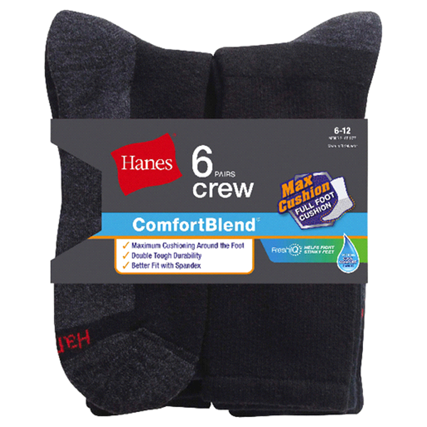 slide 1 of 1, Hanes Men's FreshIQ ComfortBlend Max Cushion Crew Socks, 6 ct