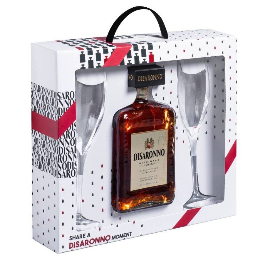 slide 1 of 1, Disaronno Liqueur Holiday Gift Set Bottle with Flutes, 750 ml