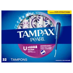 Tampax Pearl Tampons, with LeakGuard Braid, Ultra Absorbency, Unscented, 32 Count