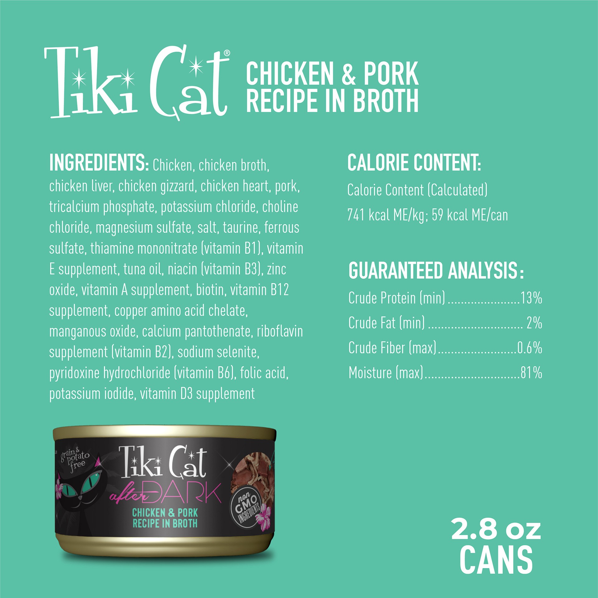 slide 7 of 8, Tiki Cat After Dark Whole Foods Wet Cat Food, Chicken & Pork, 2.8 oz. Can (12 Count), 2.8 oz